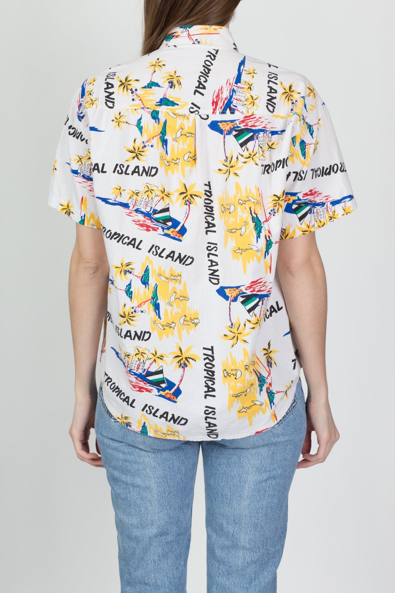 80s Tropical Island All-Over Print Aloha Shirt - Men's Medium, Women's Large 