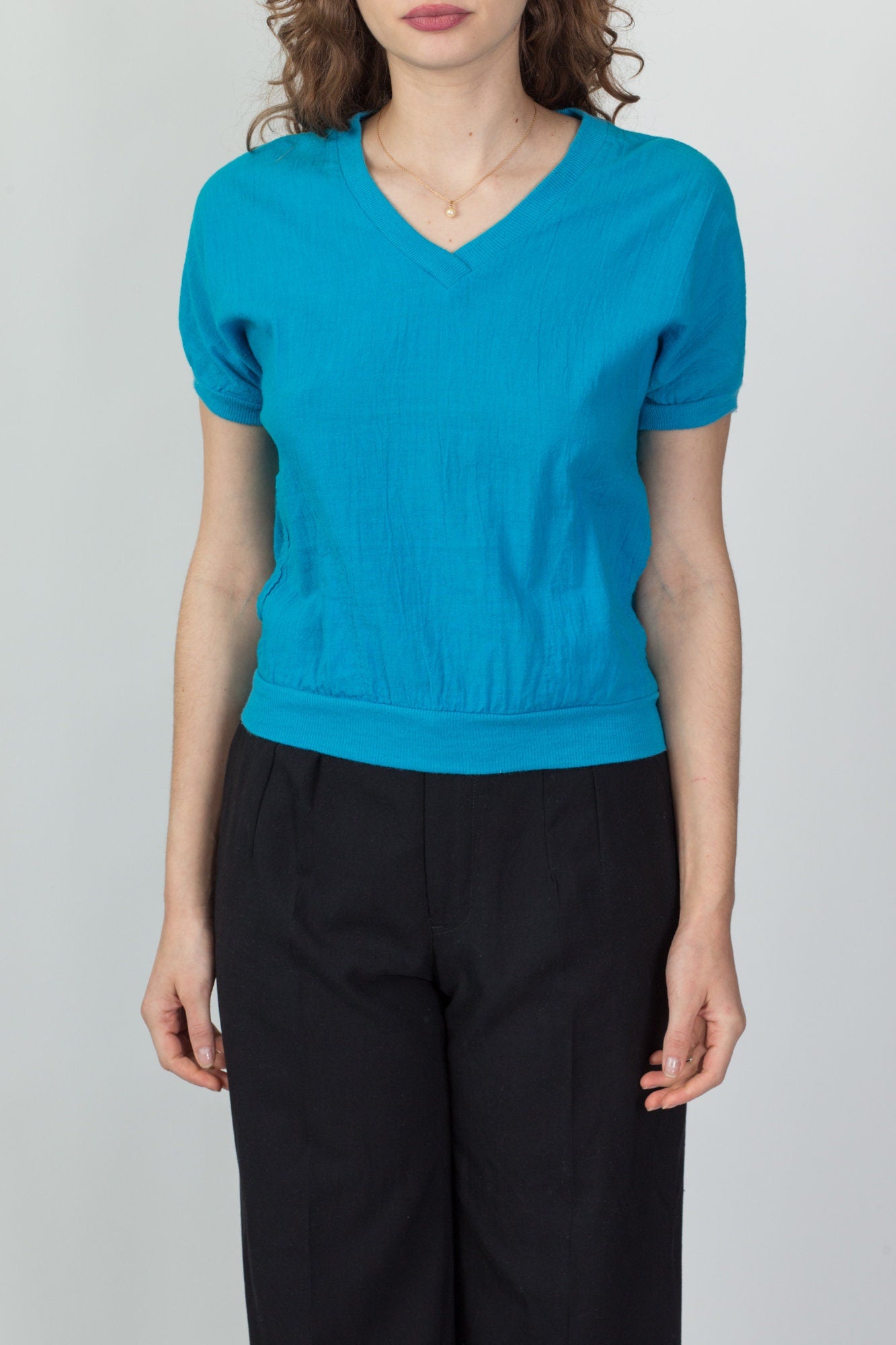 90s Plain Blue Cotton Crop Top - Medium 
