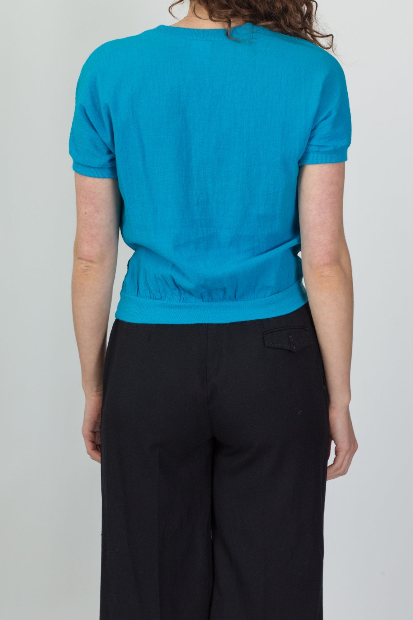 90s Plain Blue Cotton Crop Top - Medium 