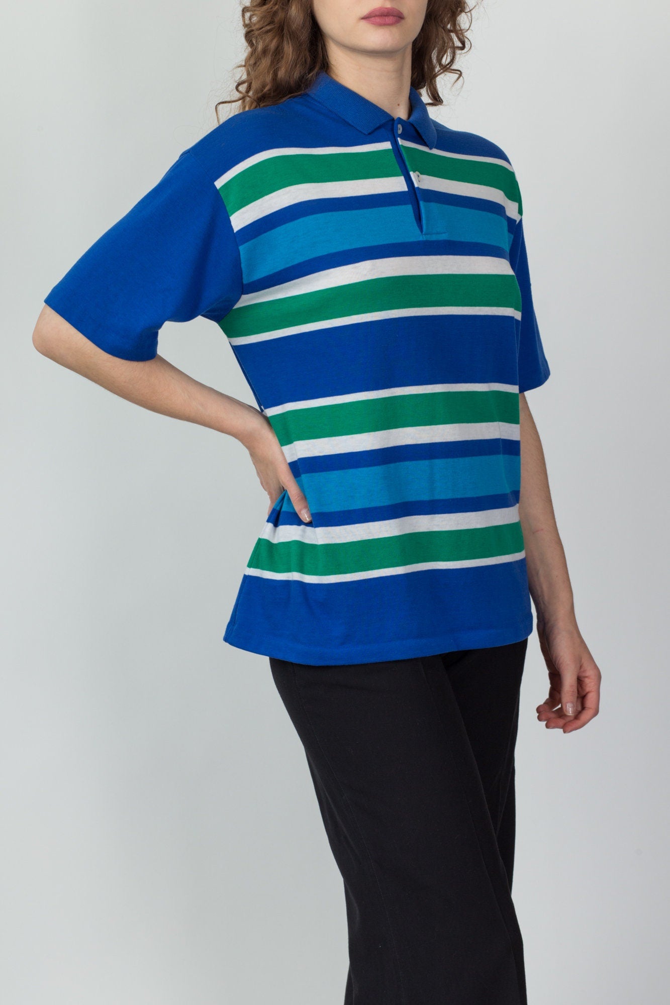 90s Blue & Green Striped Polo Shirt - Men's Large 