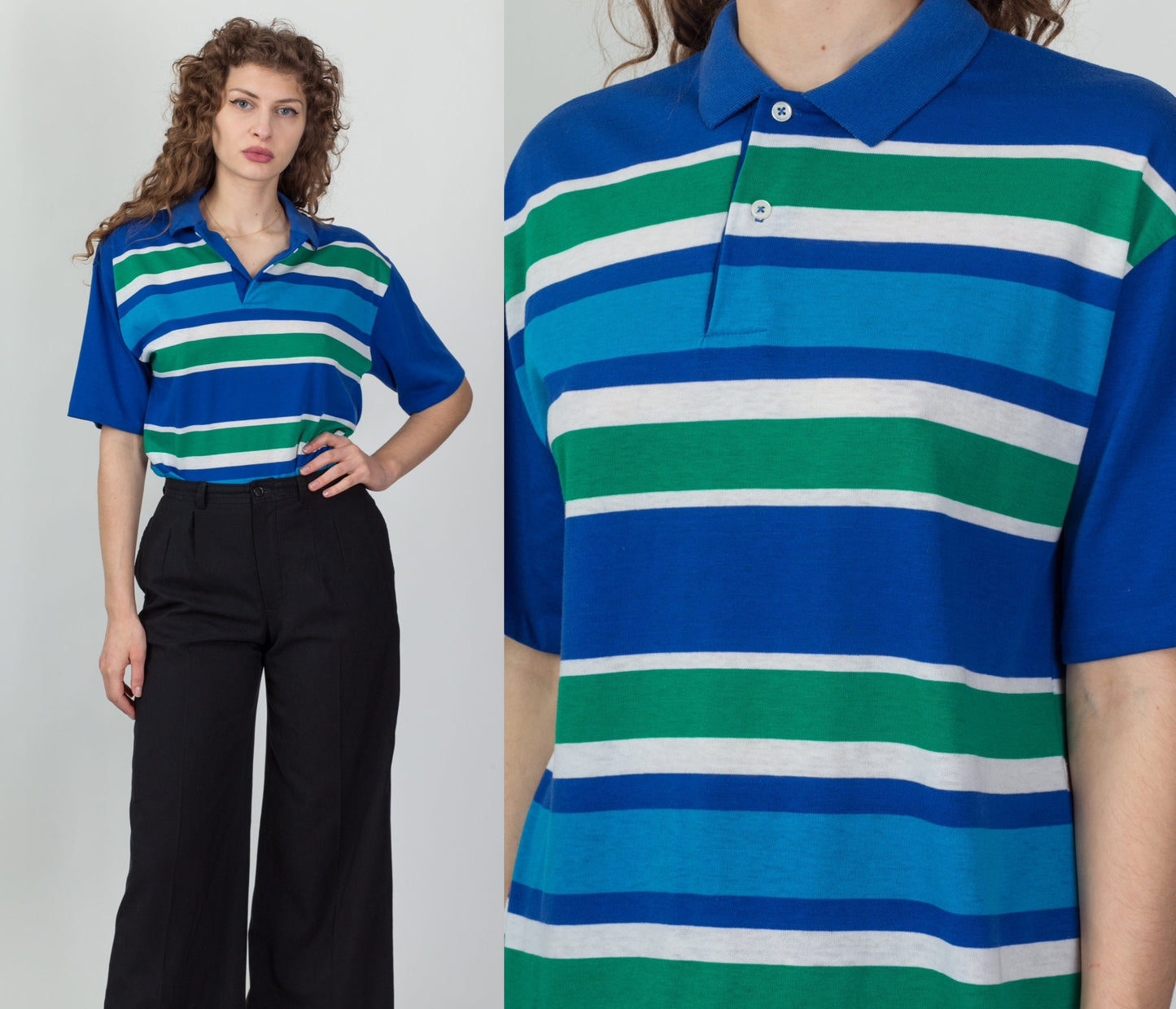 90s Blue & Green Striped Polo Shirt - Men's Large 