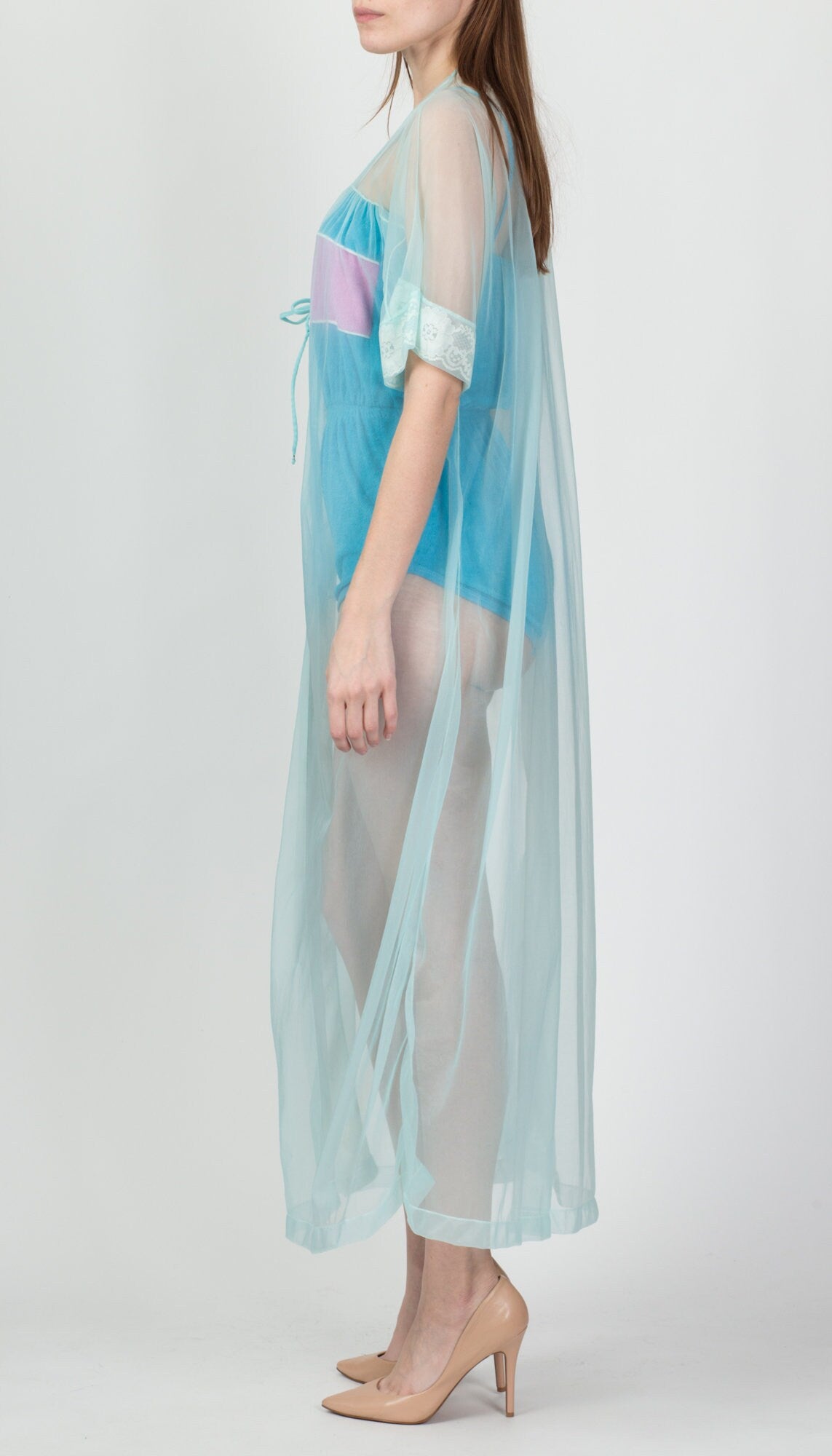 70s Sheer Blue Lace Trim Peignoir Robe - One Size 