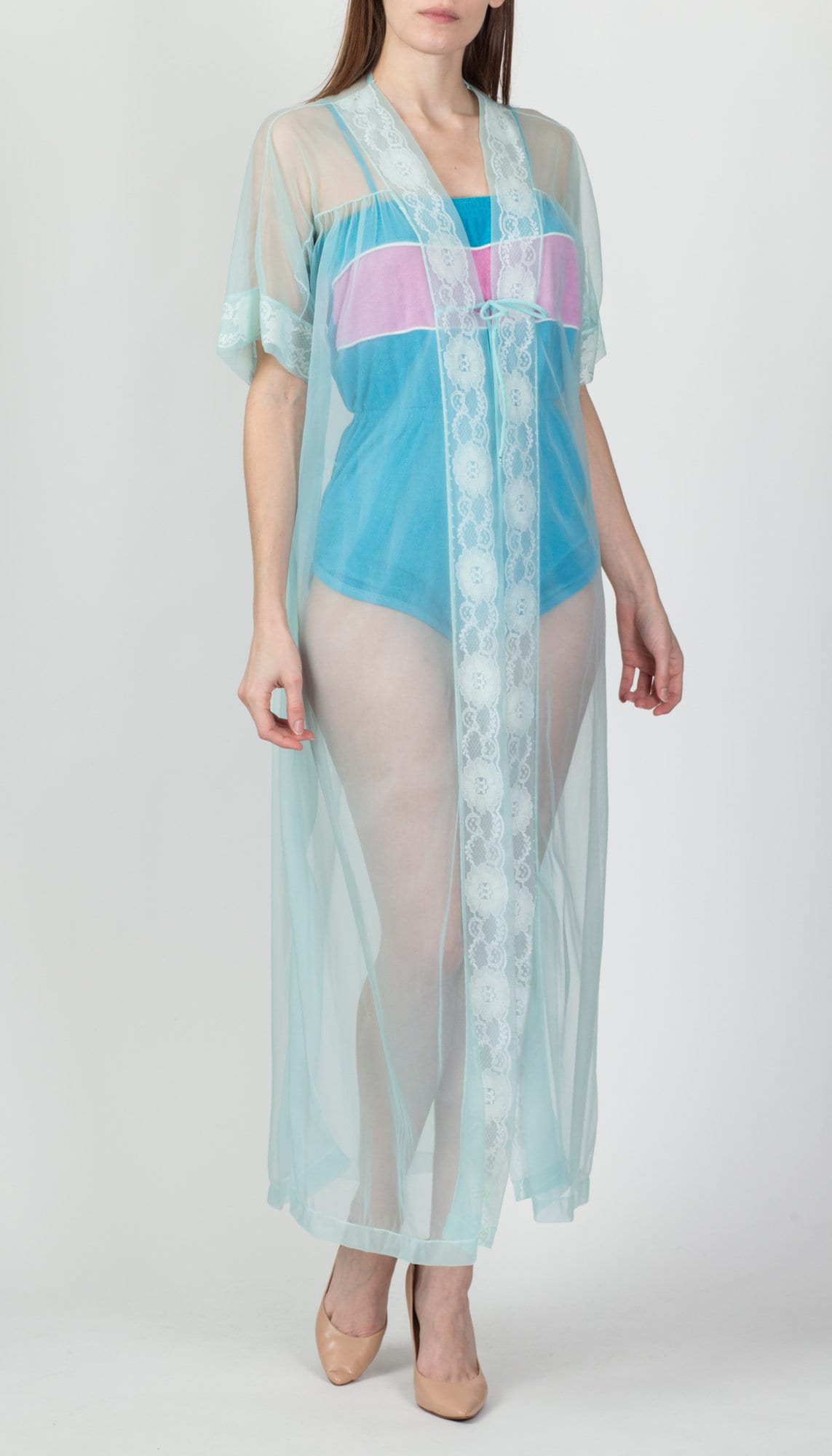 70s Sheer Blue Lace Trim Peignoir Robe - One Size 