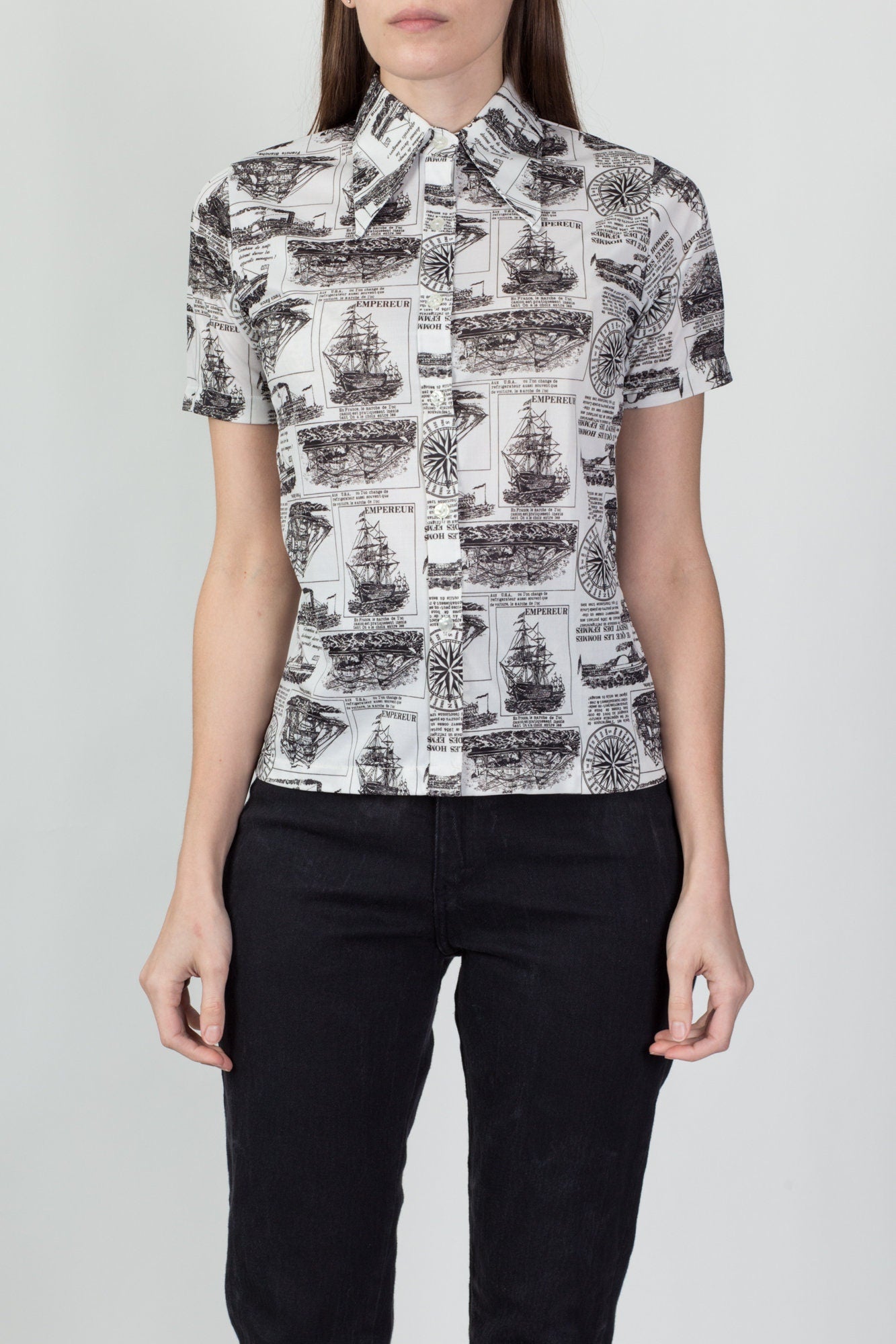 70s French Sailing Ship Novelty Print Blouse - Small 