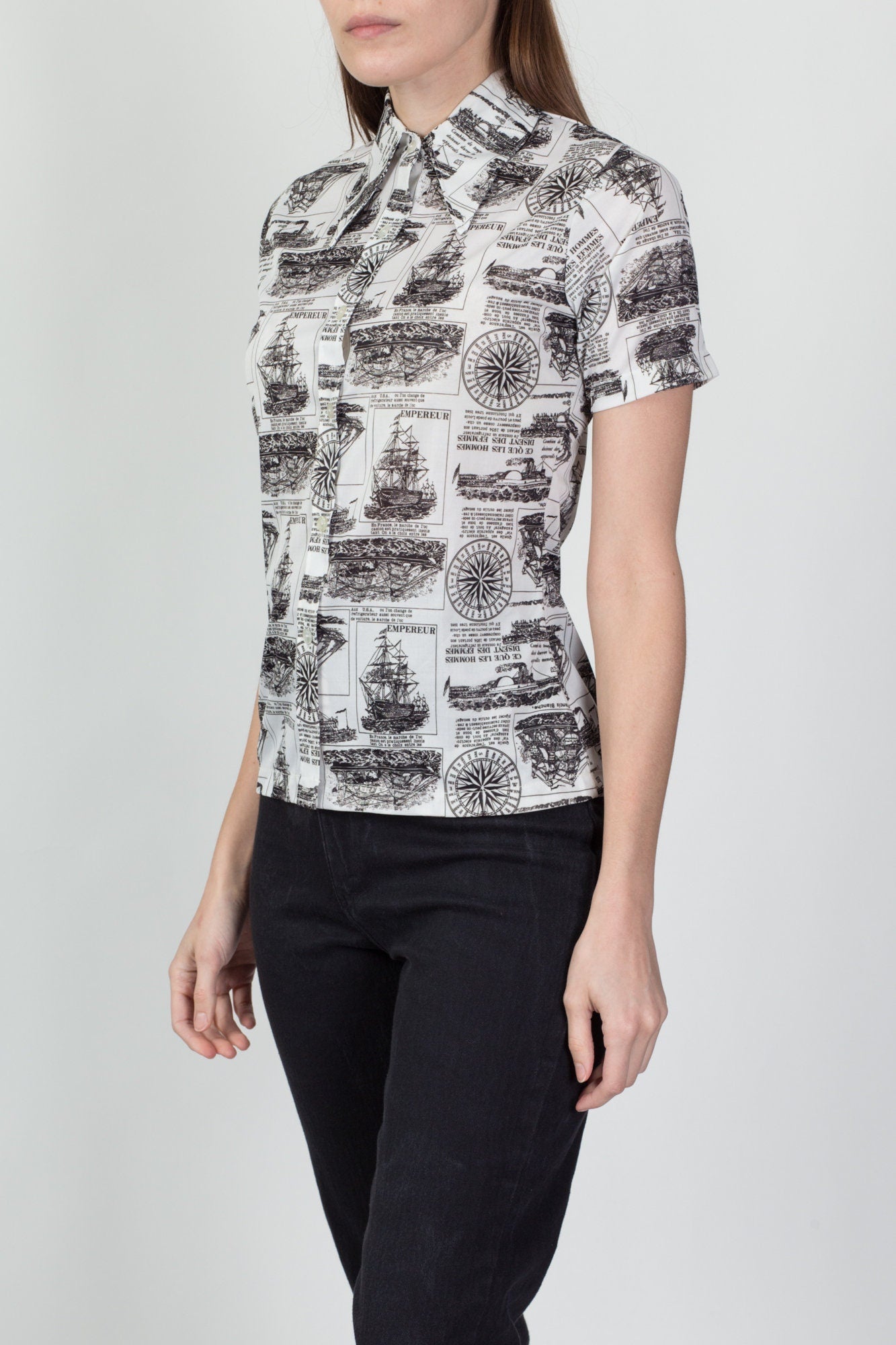 70s French Sailing Ship Novelty Print Blouse - Small 