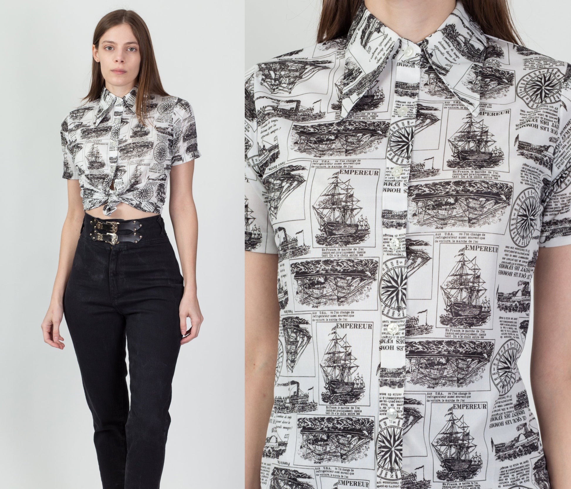 70s French Sailing Ship Novelty Print Blouse - Small 