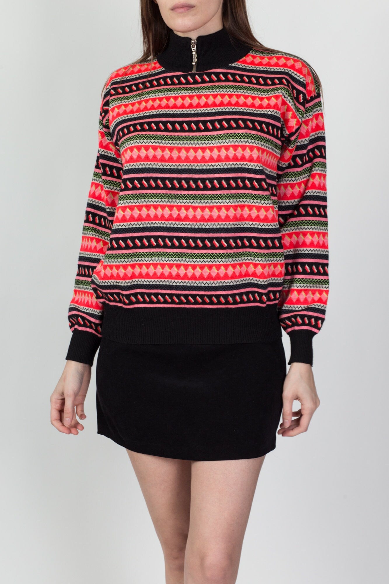 90s Pink & Black Striped Mockneck Ski Sweater - Medium 