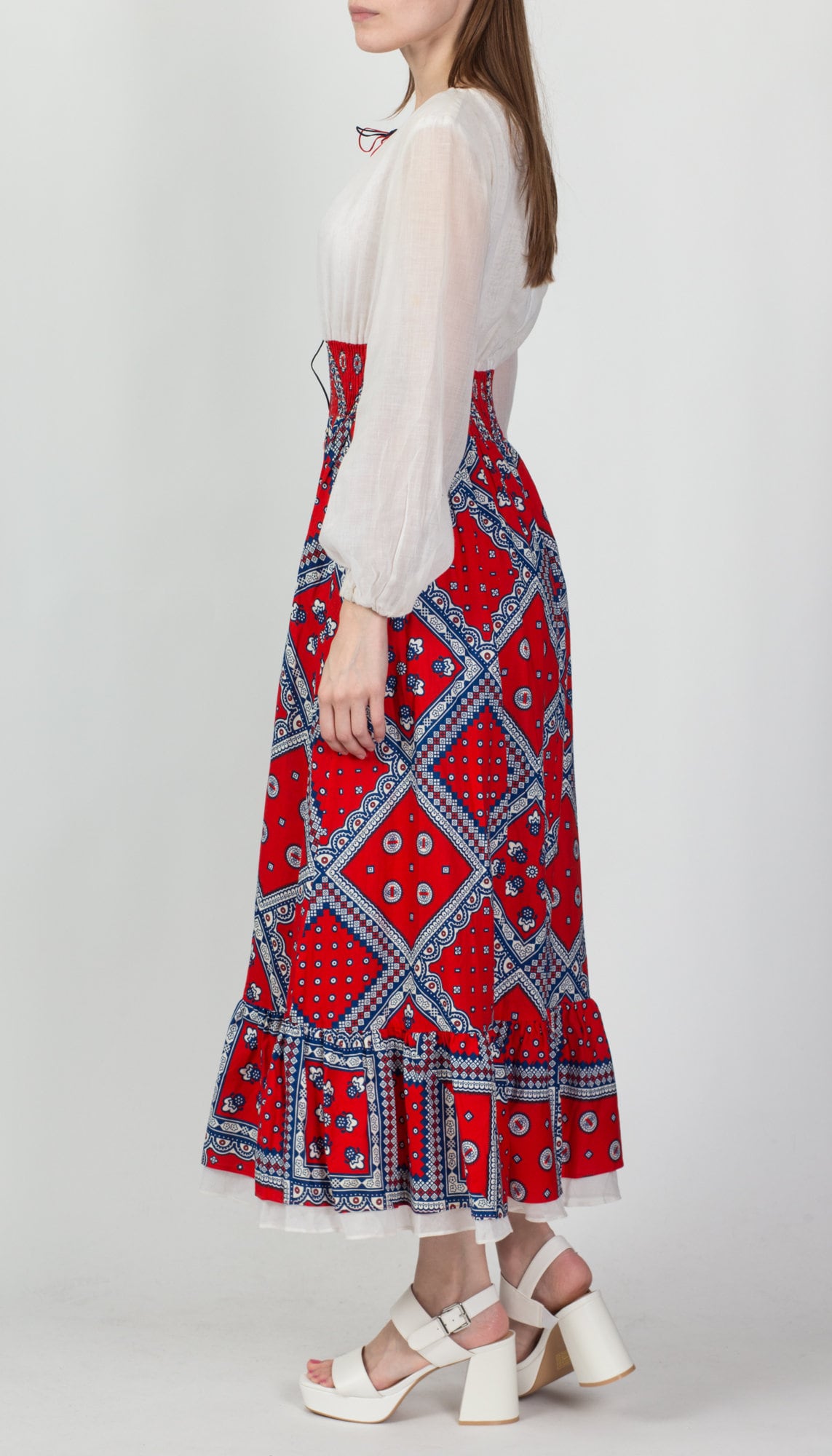 60s 70s Bandana Print Prairie Maxi Dress - Medium 