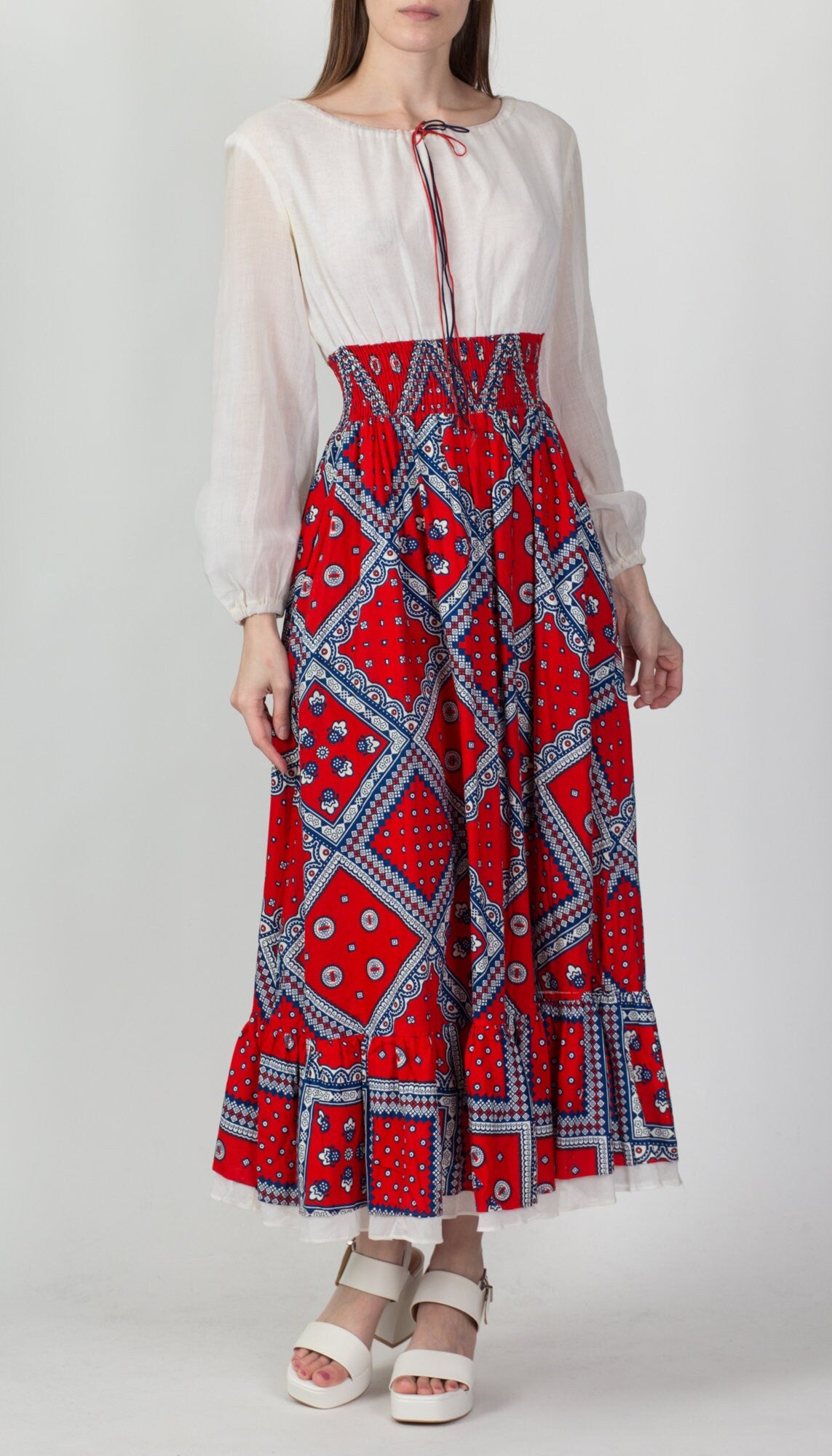 60s 70s Bandana Print Prairie Maxi Dress - Medium 