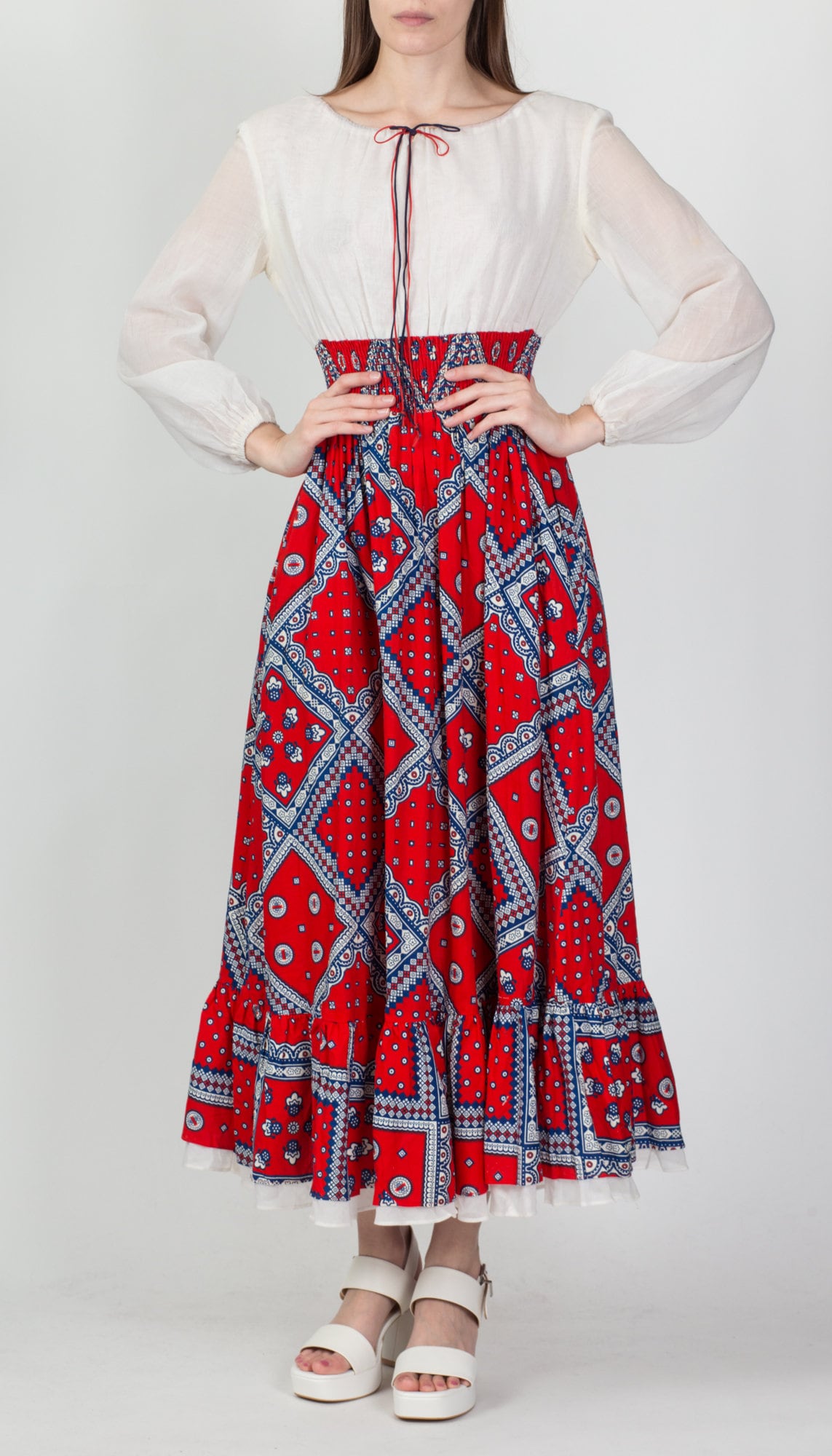 60s 70s Bandana Print Prairie Maxi Dress - Medium 