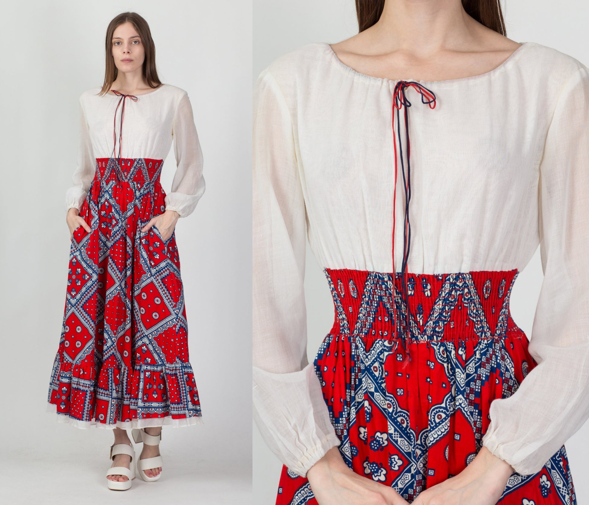 60s 70s Bandana Print Prairie Maxi Dress - Medium 