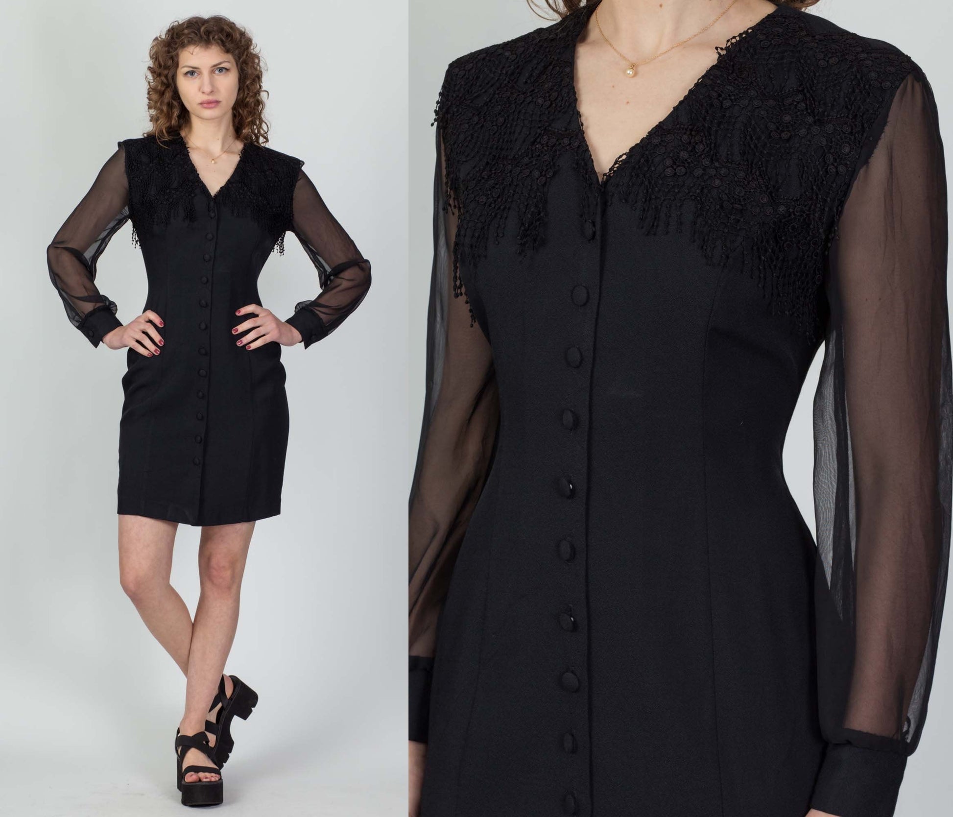 80s Black Sheer Sleeve Crochet Trim Secretary Dress - Small 