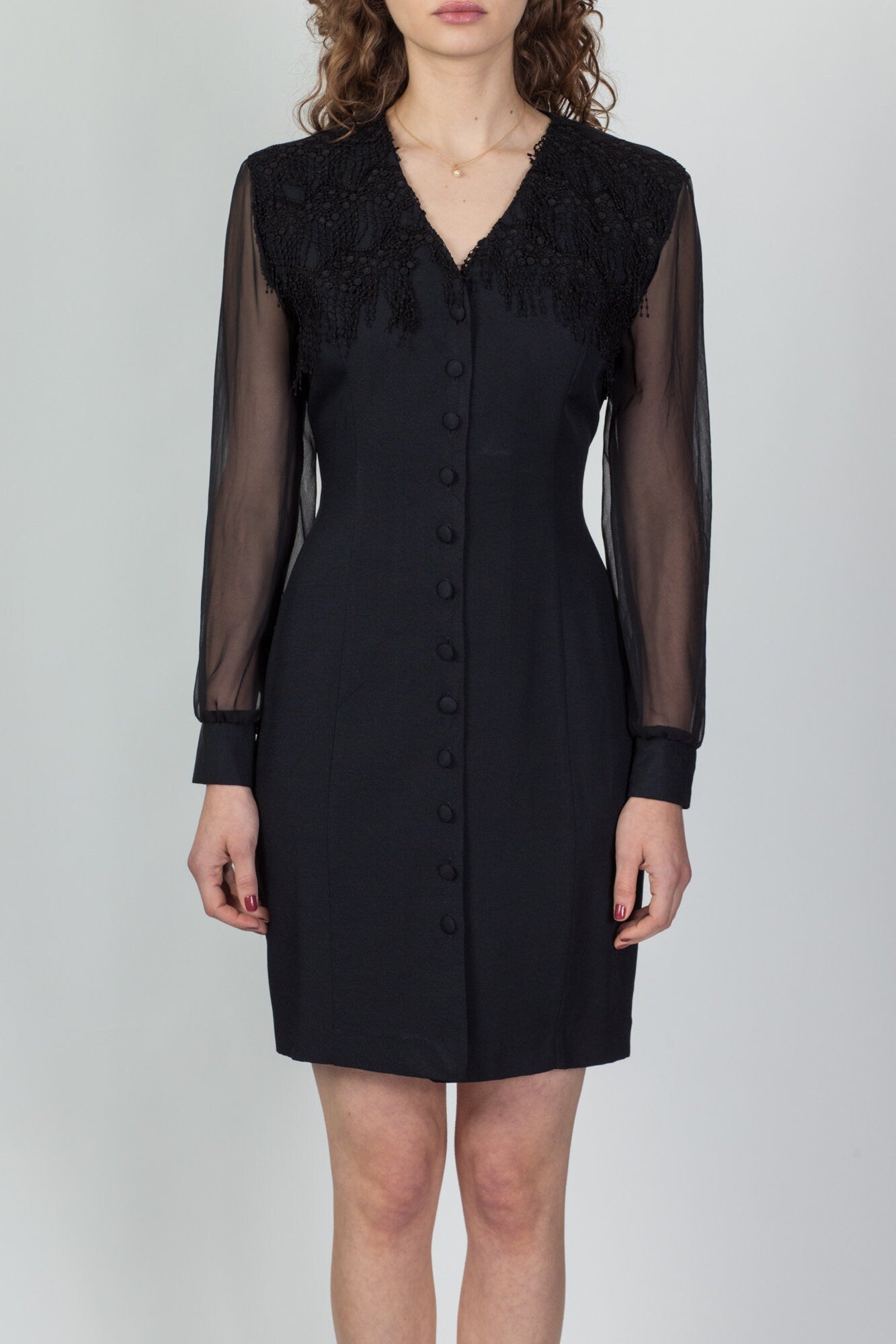 80s Black Sheer Sleeve Crochet Trim Secretary Dress - Small 