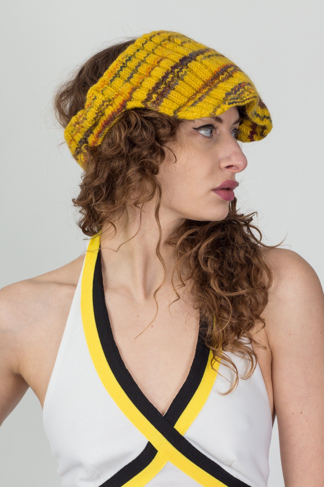 70s 80s Yellow Striped Knit Winter Beanie & Visor Set - Adult Large to –  Flying Apple Vintage
