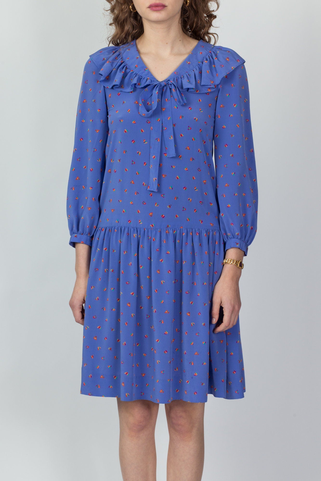 80s Cornflower Blue Ruffled Sailor Collar Dress - Extra Small 