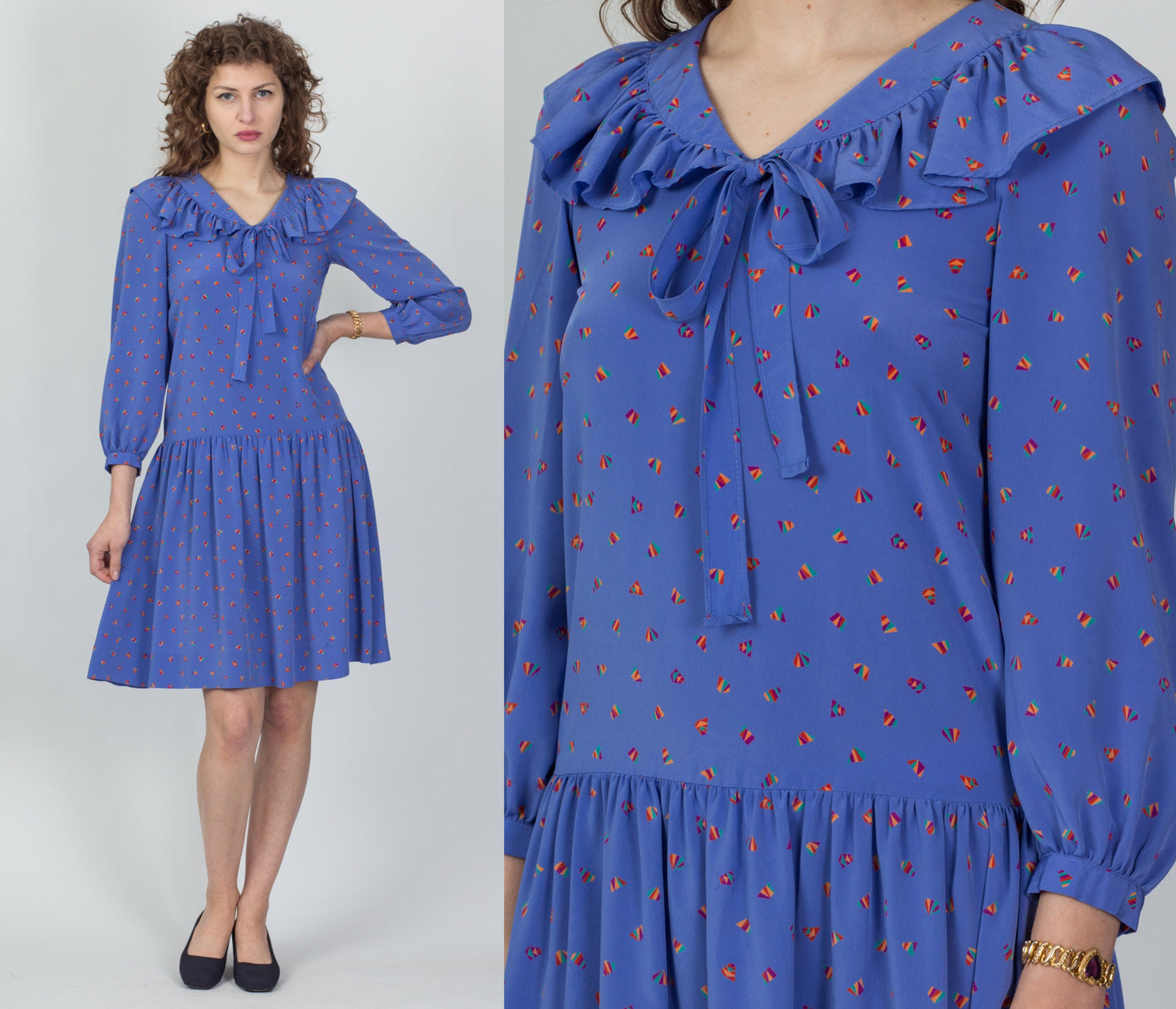 80s Cornflower Blue Ruffled Sailor Collar Dress - Extra Small 