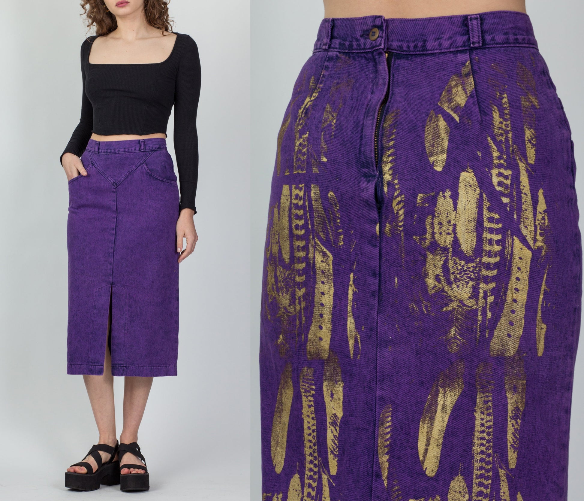 80s Purple Denim High Waisted Midi Skirt - Small, 27 – Flying Apple Vintage