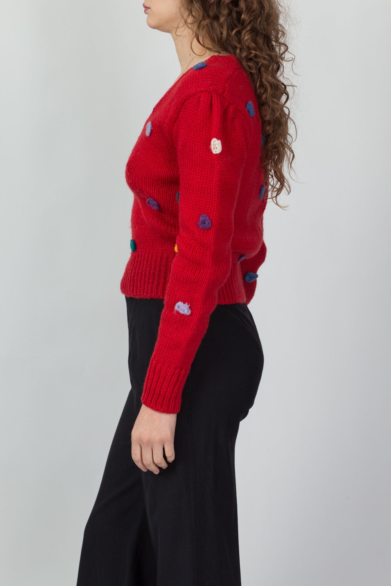 80s Red Rainbow Bauble Cropped Knit Sweater - Medium 