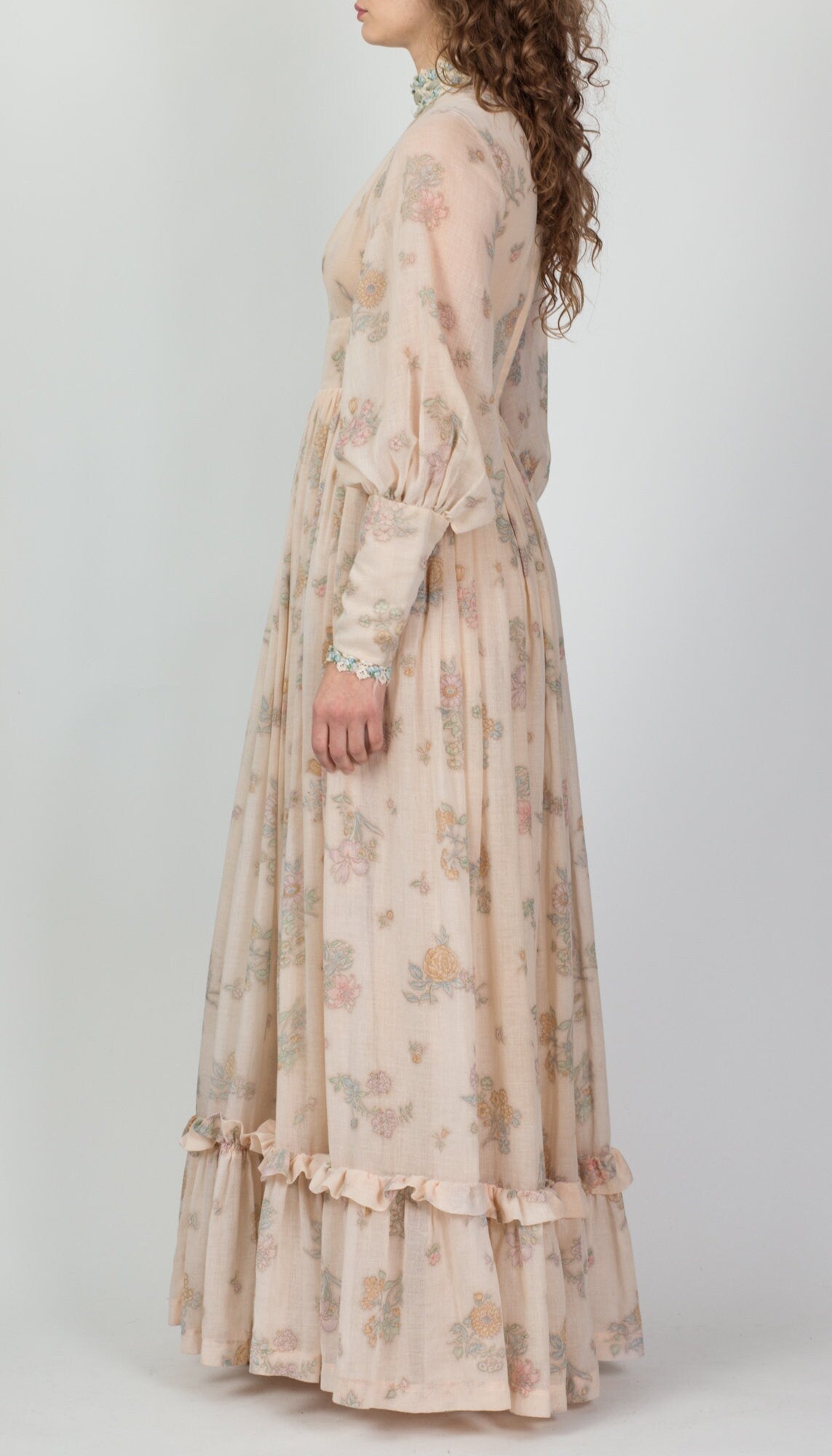 70s Gigot Sleeve Nude Floral Prairie Maxi Gown - Small 