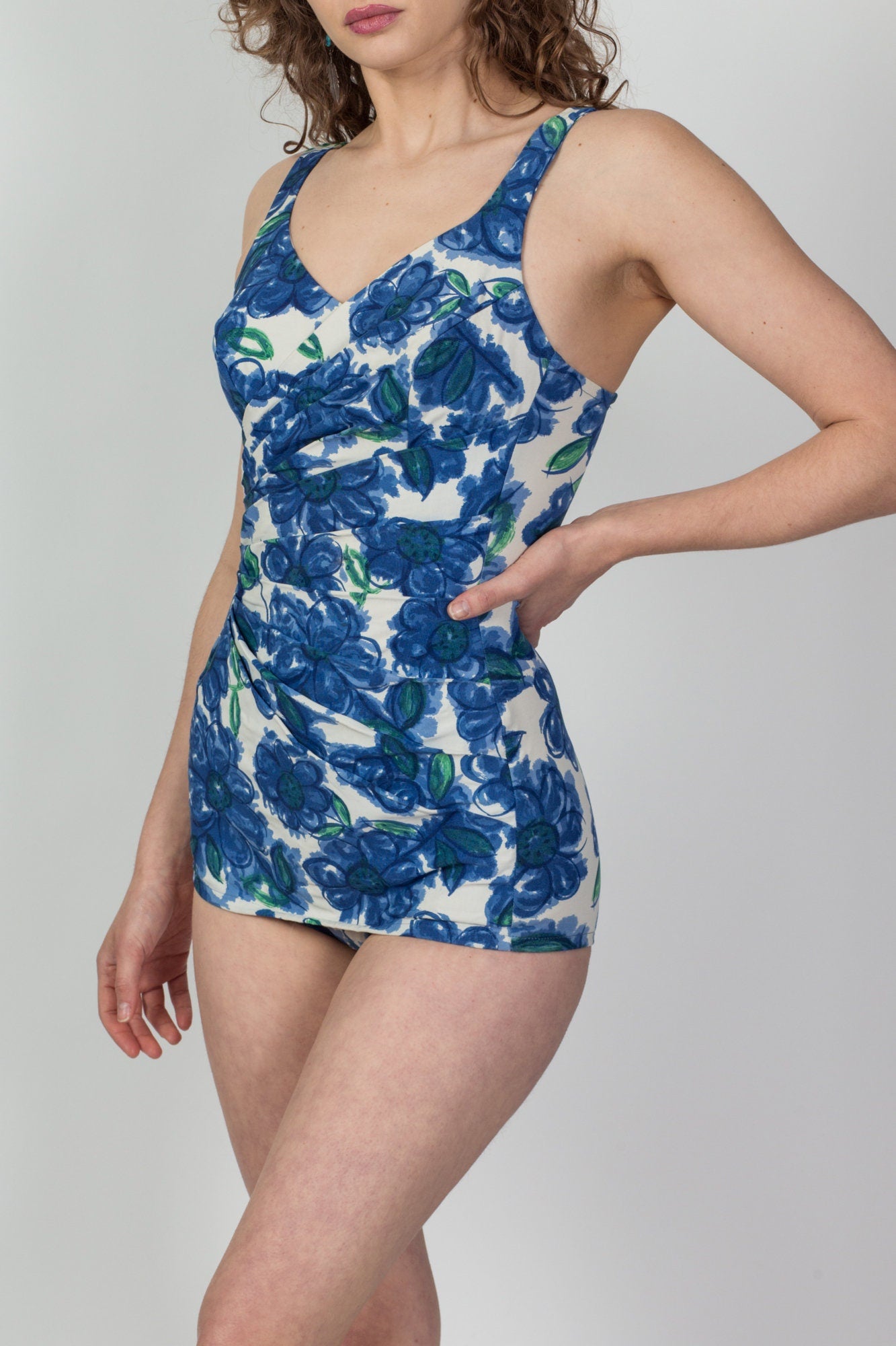 50s 60s Catalina Blue Floral Skirt Swimsuit - Extra Small 