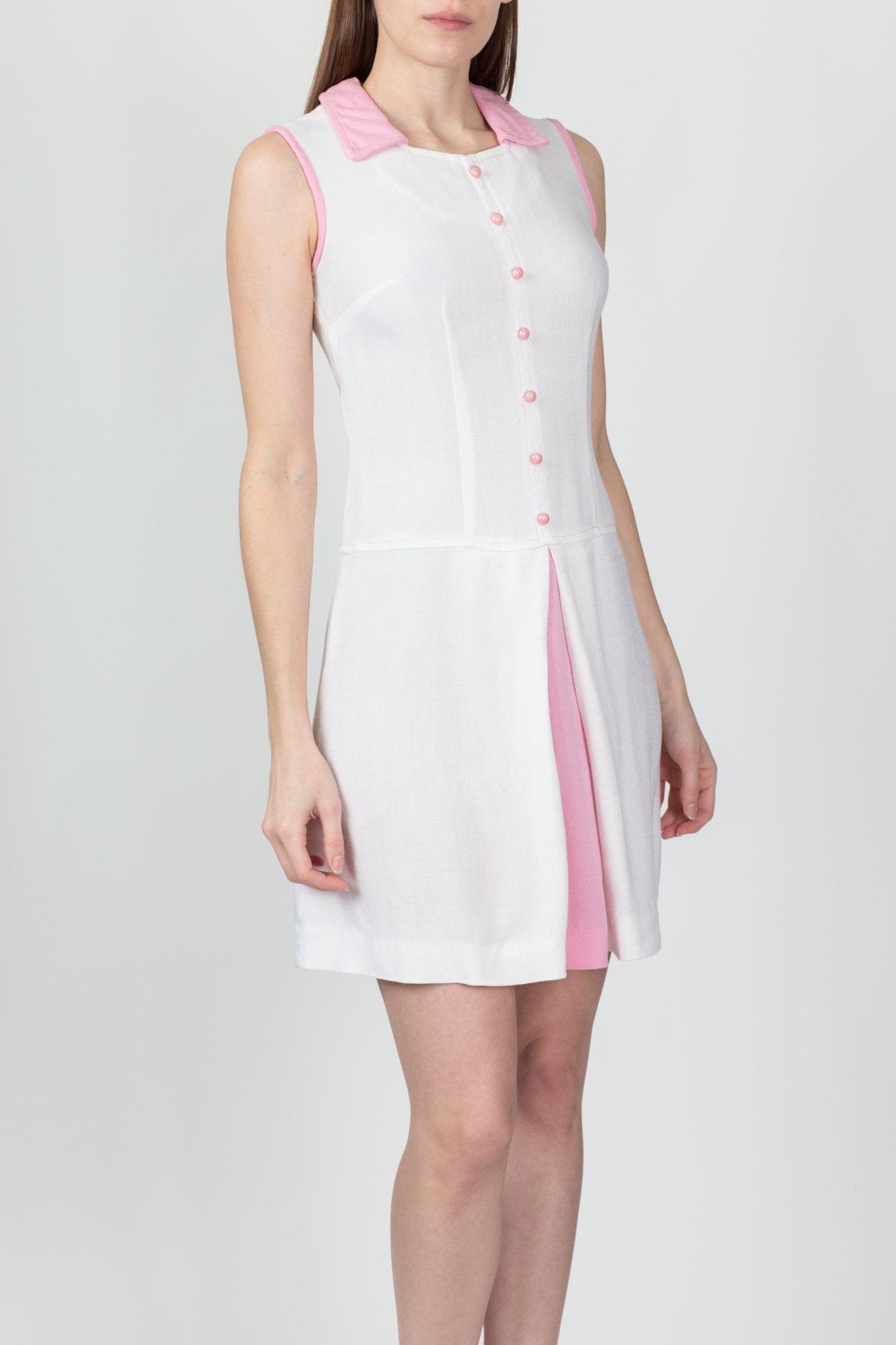 60s White & Pink Scooter Dress - Extra Small 