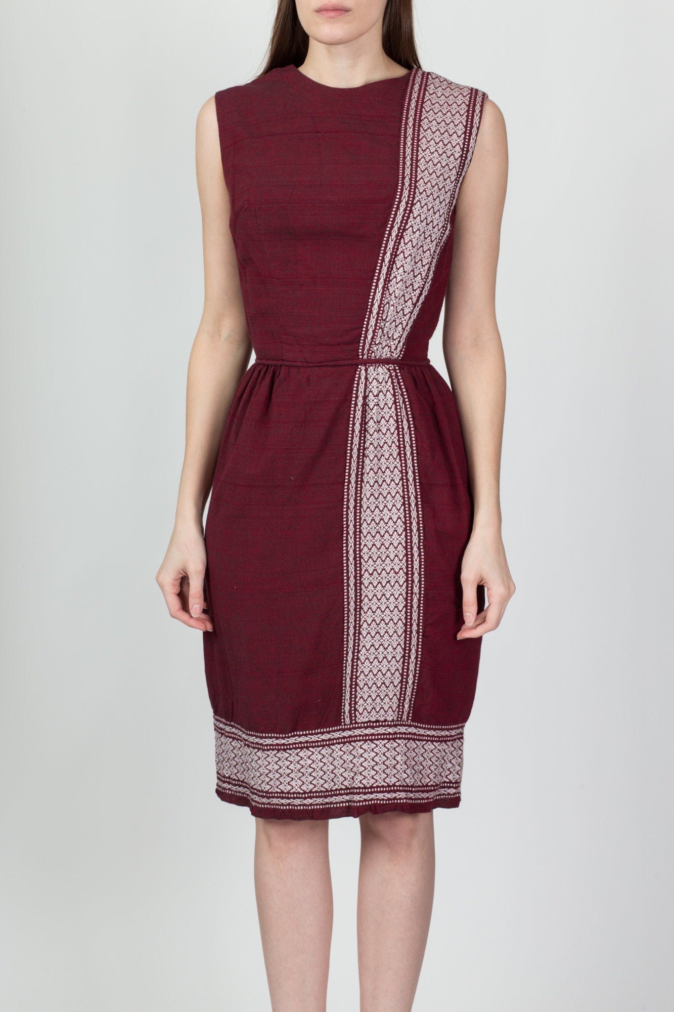 Vintage Maroon Embroidered Sheath Dress - Extra Small 