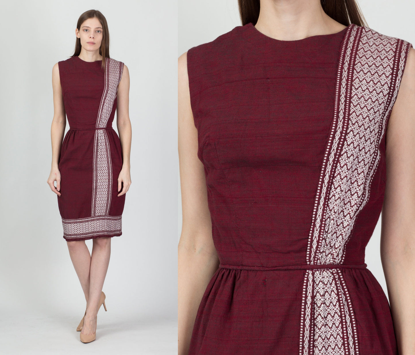 Vintage Maroon Embroidered Sheath Dress - Extra Small 
