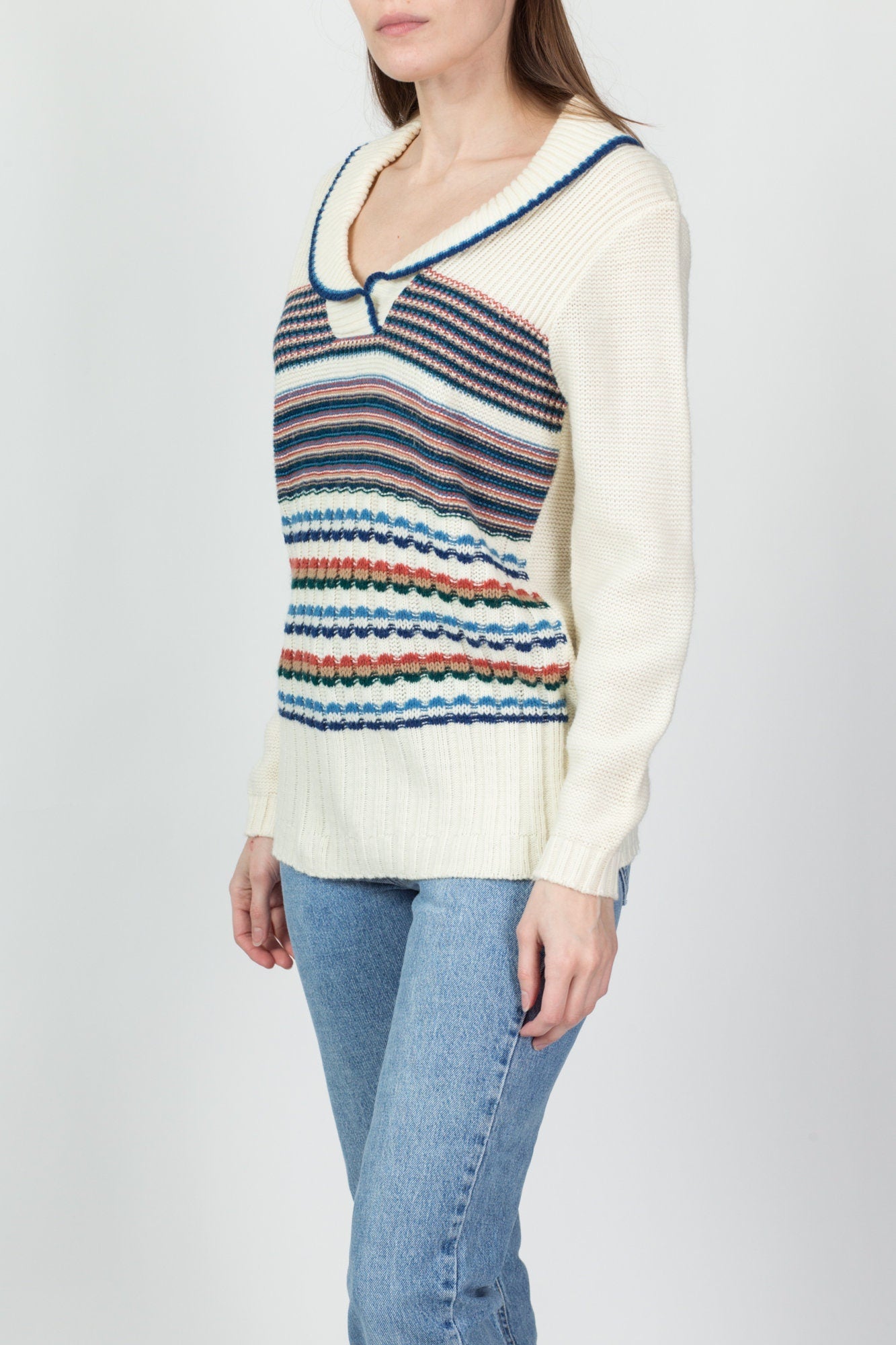 70s Striped Shawl Collar Sweater - Men's Medium, Women's Large 