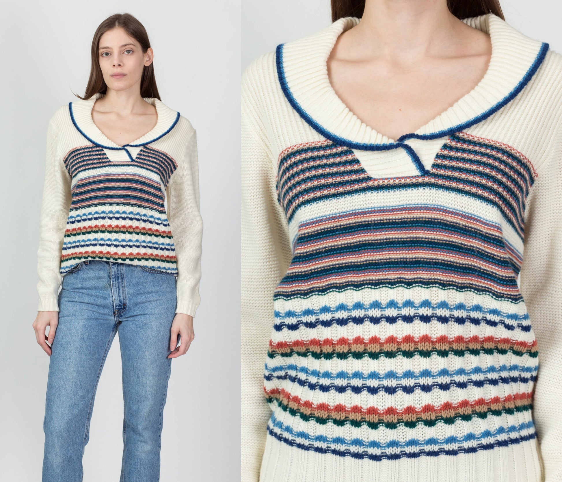 70s Striped Shawl Collar Sweater - Men's Medium, Women's Large 