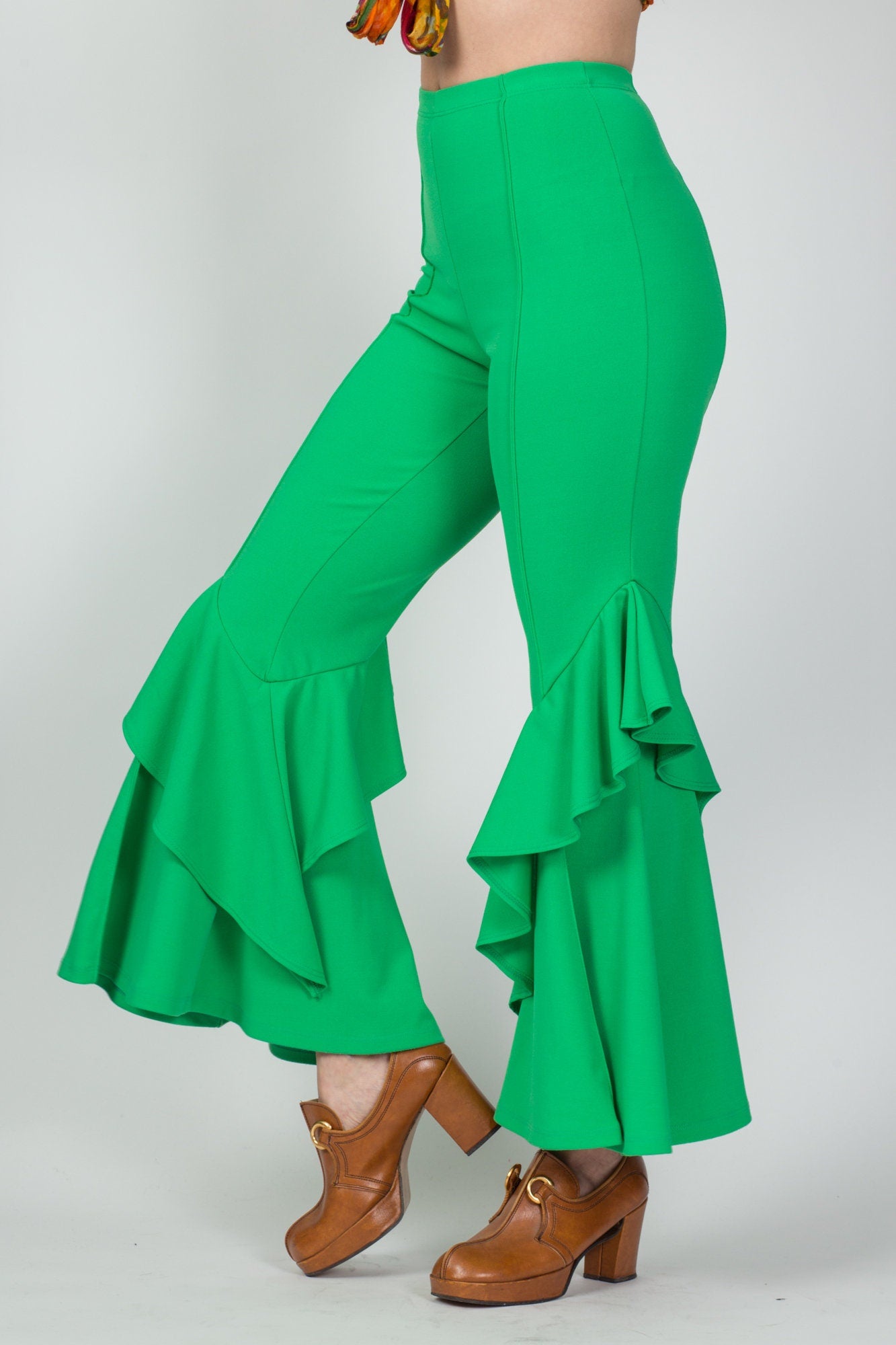 90s Y2K Does 70s Frog Green Hippie Bell Bottoms - Small 