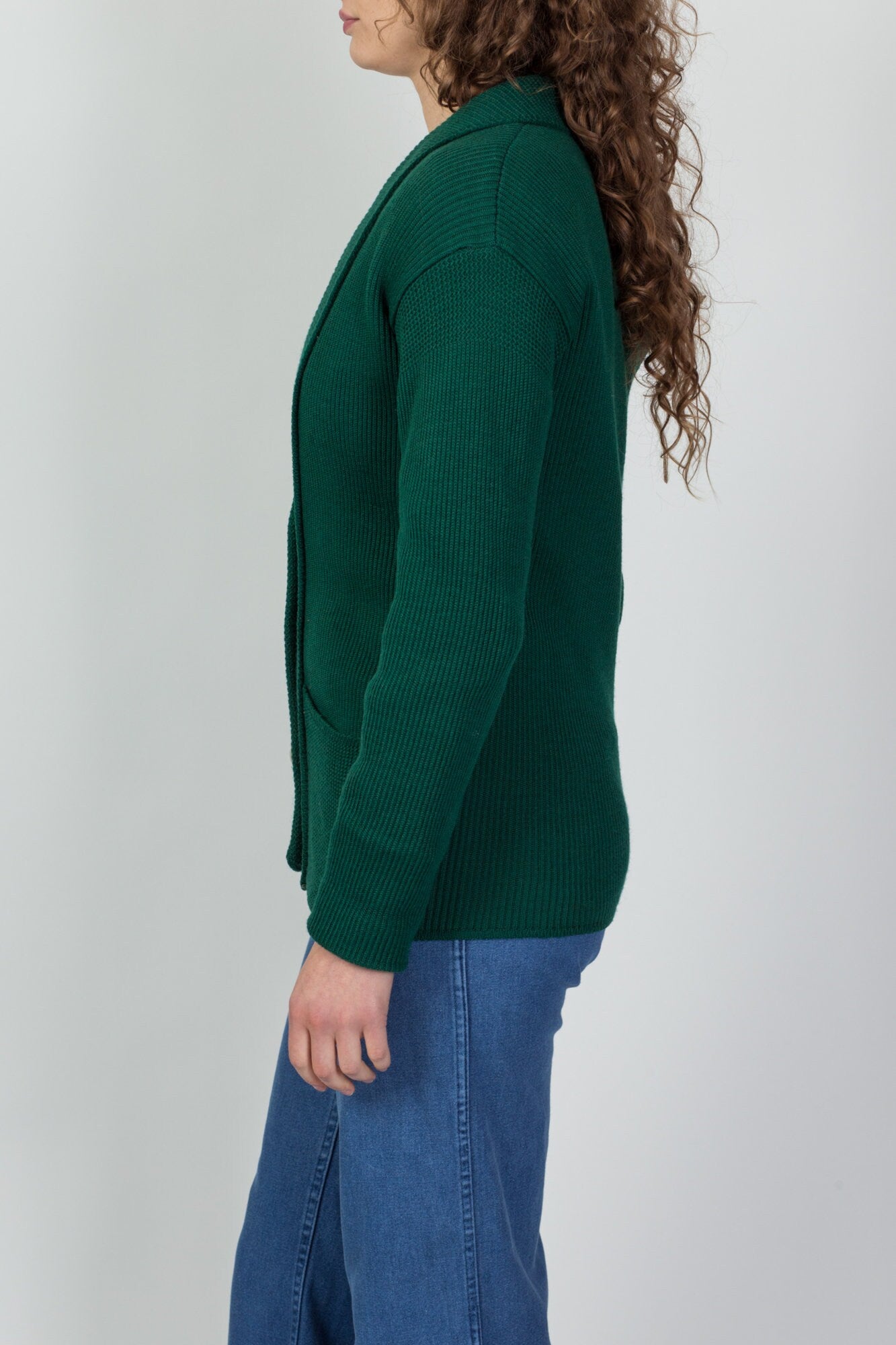 50s 60s Emerald Green Wool Knit Cardigan - Medium 
