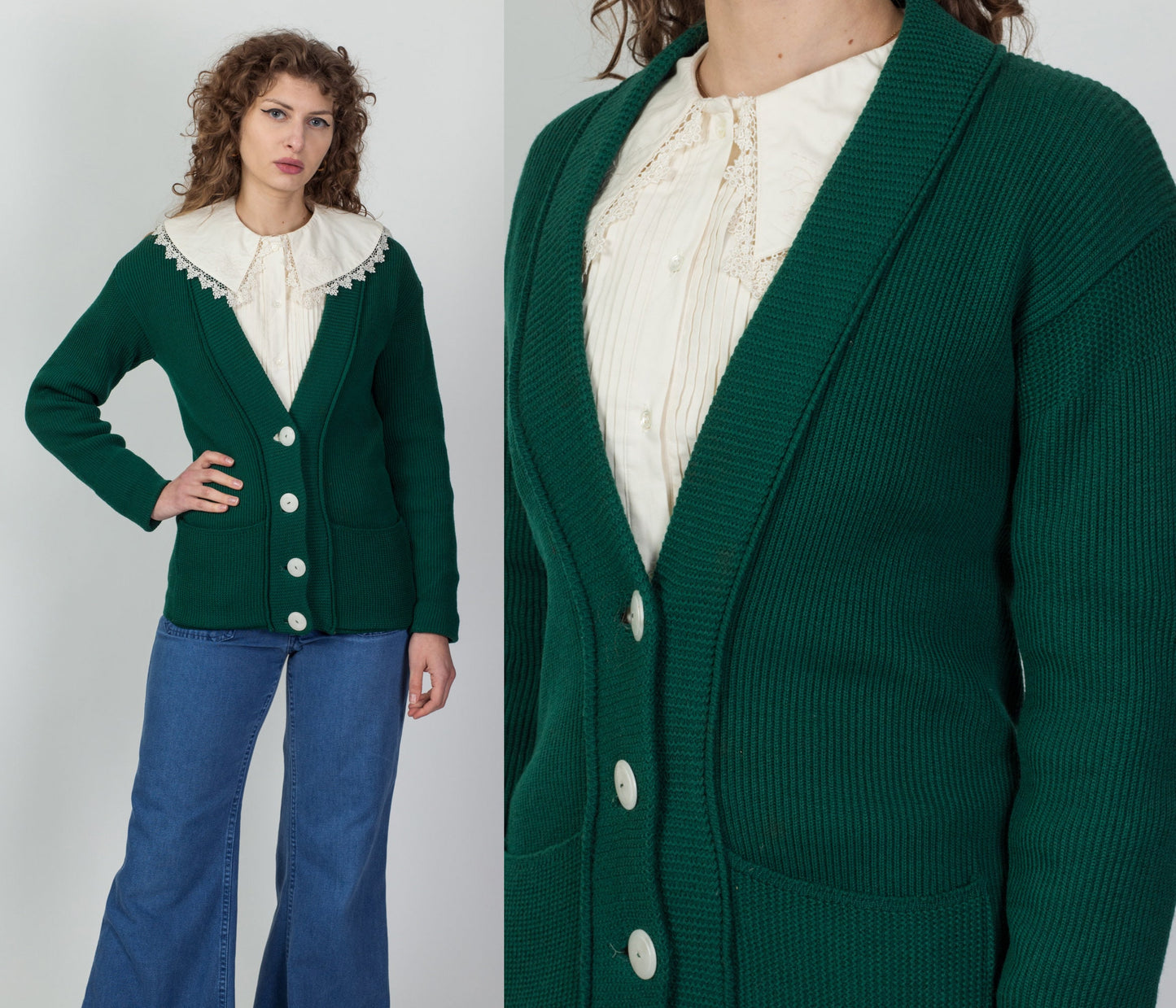 50s 60s Emerald Green Wool Knit Cardigan - Medium 