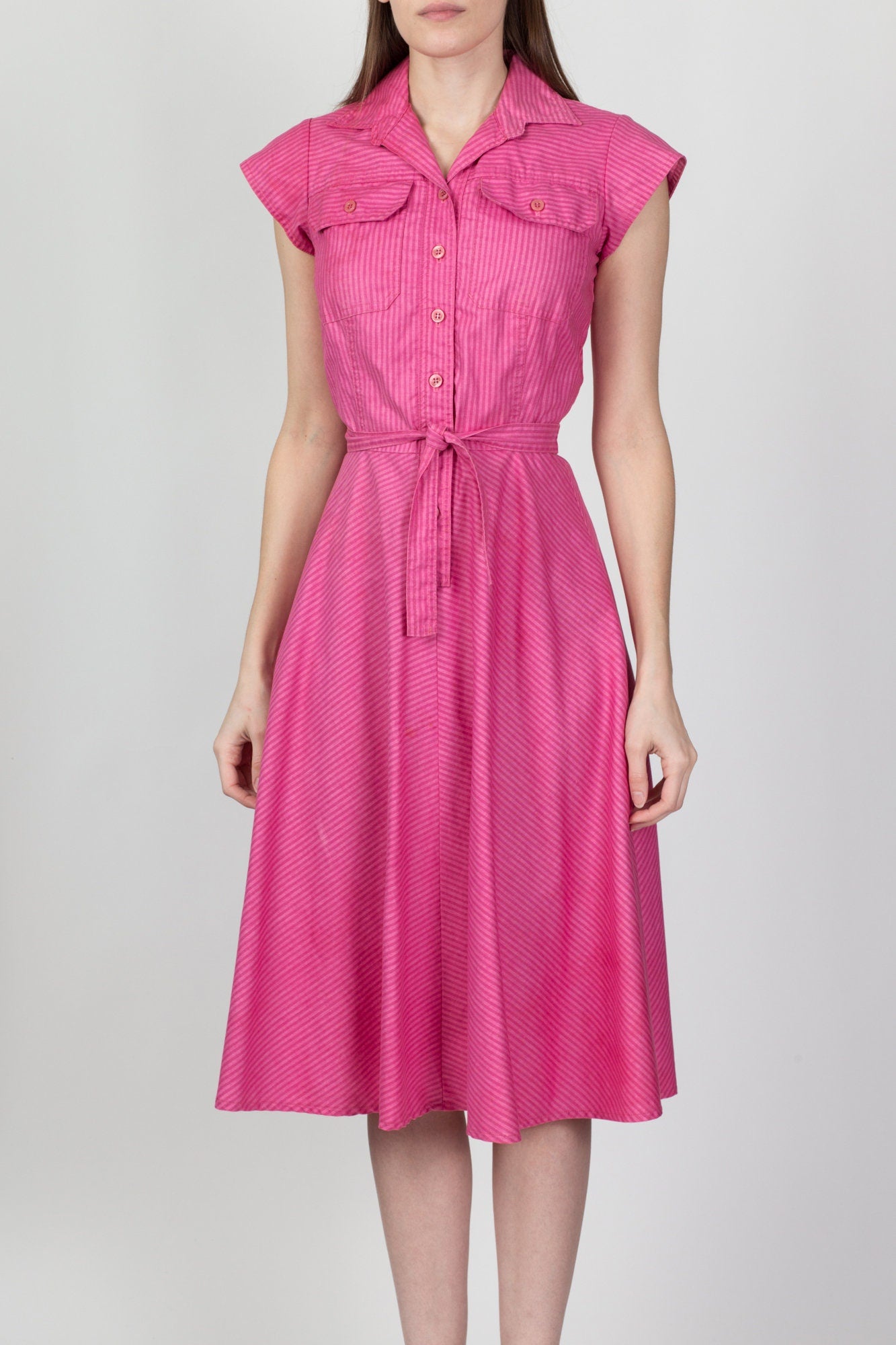 70s 80s Foxy Lady Pink Striped Shirtdress - Extra Small 