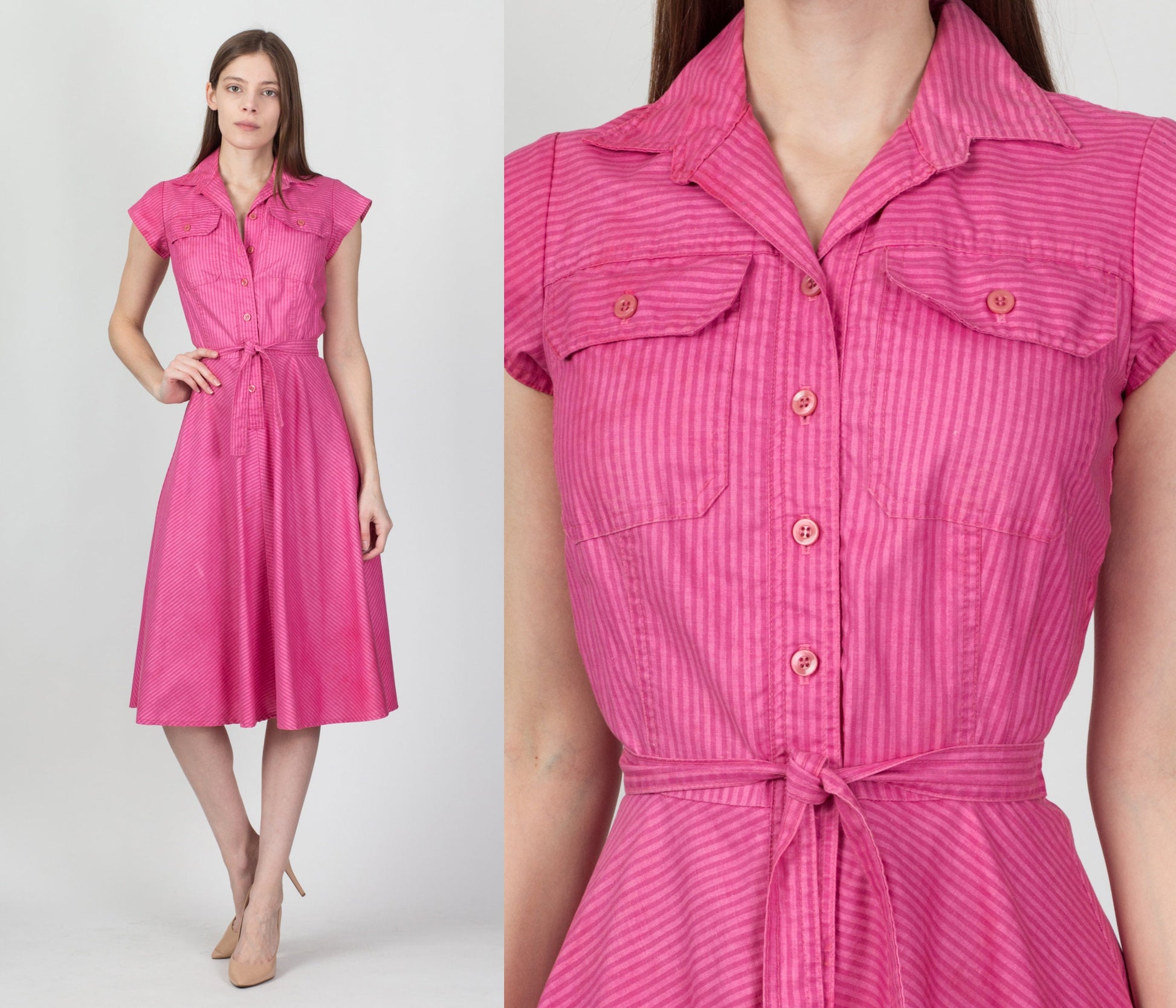 70s 80s Foxy Lady Pink Striped Shirtdress - Extra Small 