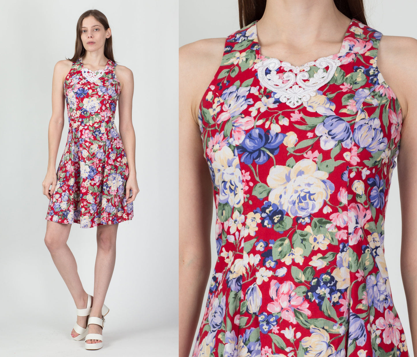 Vintage Jessica McClintock Red Floral Mini Dress - Extra Small 