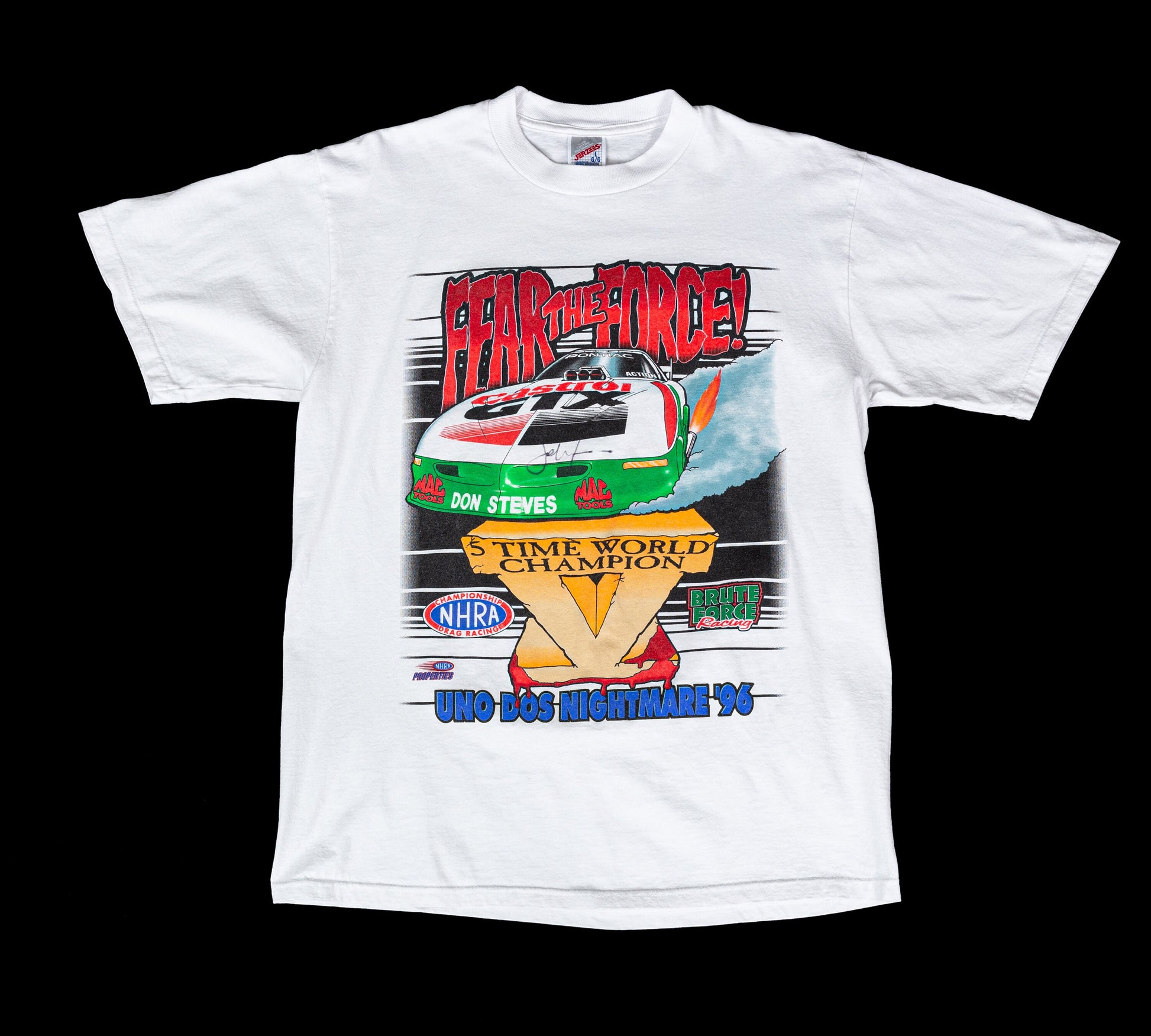 Vintage 1996 Autographed "Fear The Force" John Force Racing T Shirt - Men's Medium, Women's Large 