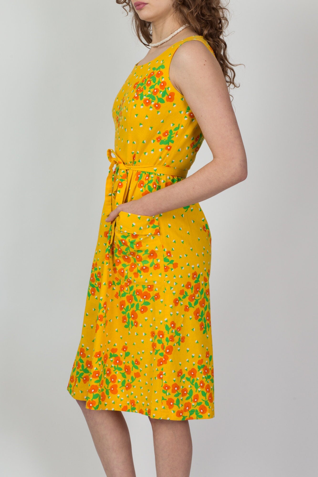 60s Malia Honolulu Yellow Poppy Floral Pocket Dress - Small 