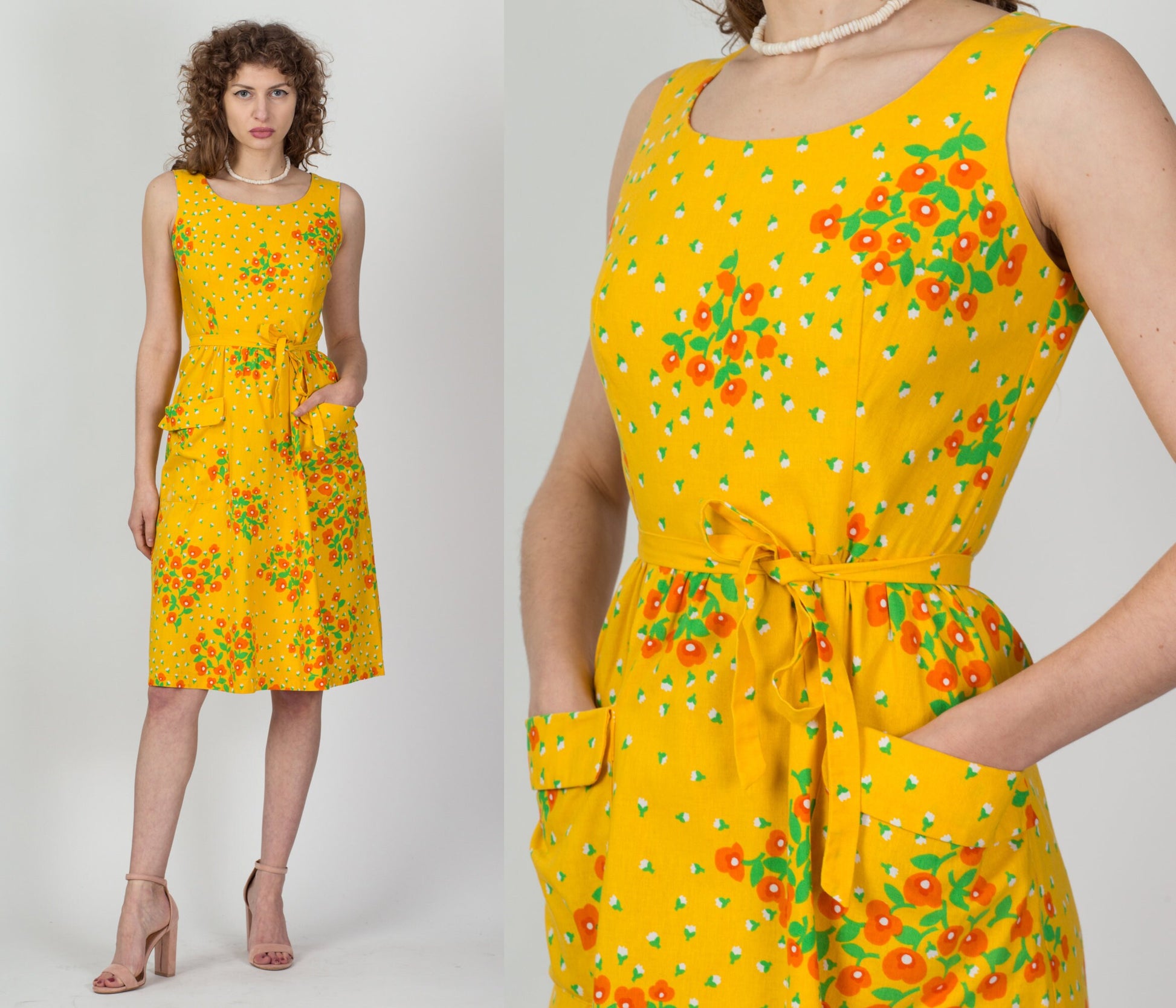60s Malia Honolulu Yellow Poppy Floral Pocket Dress - Small 