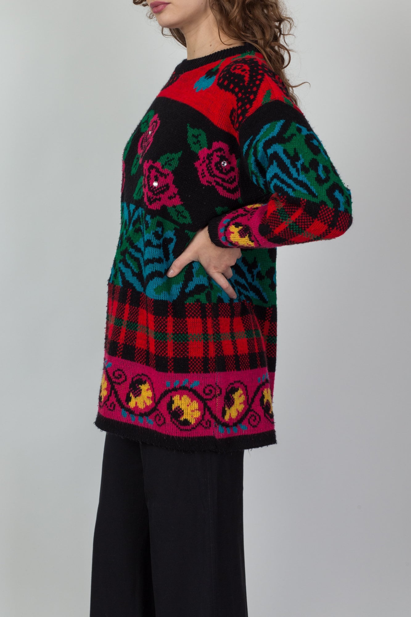 Vintage 80s Floral & Plaid Sweater - Large 