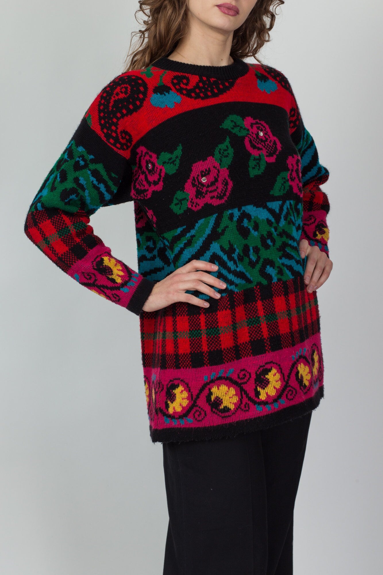 Vintage 80s Floral & Plaid Sweater - Large 
