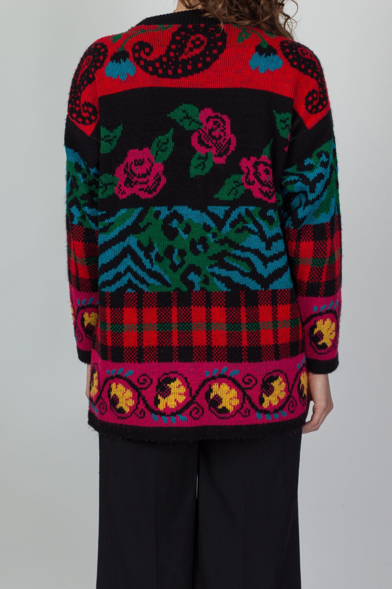Vintage 80s Floral & Plaid Sweater - Large 