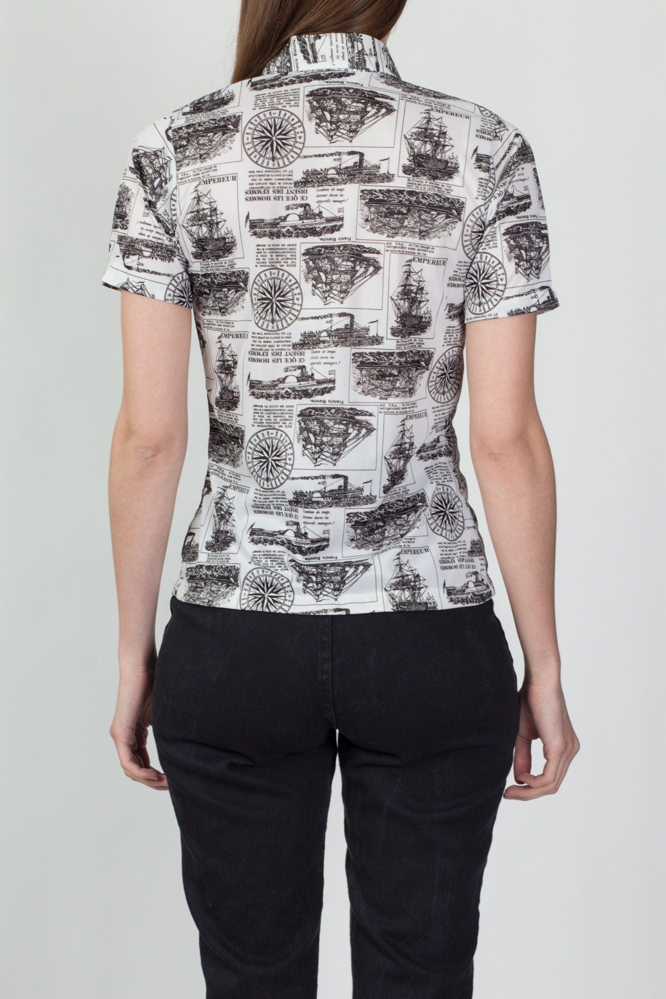 70s French Sailing Ship Novelty Print Blouse - Small 