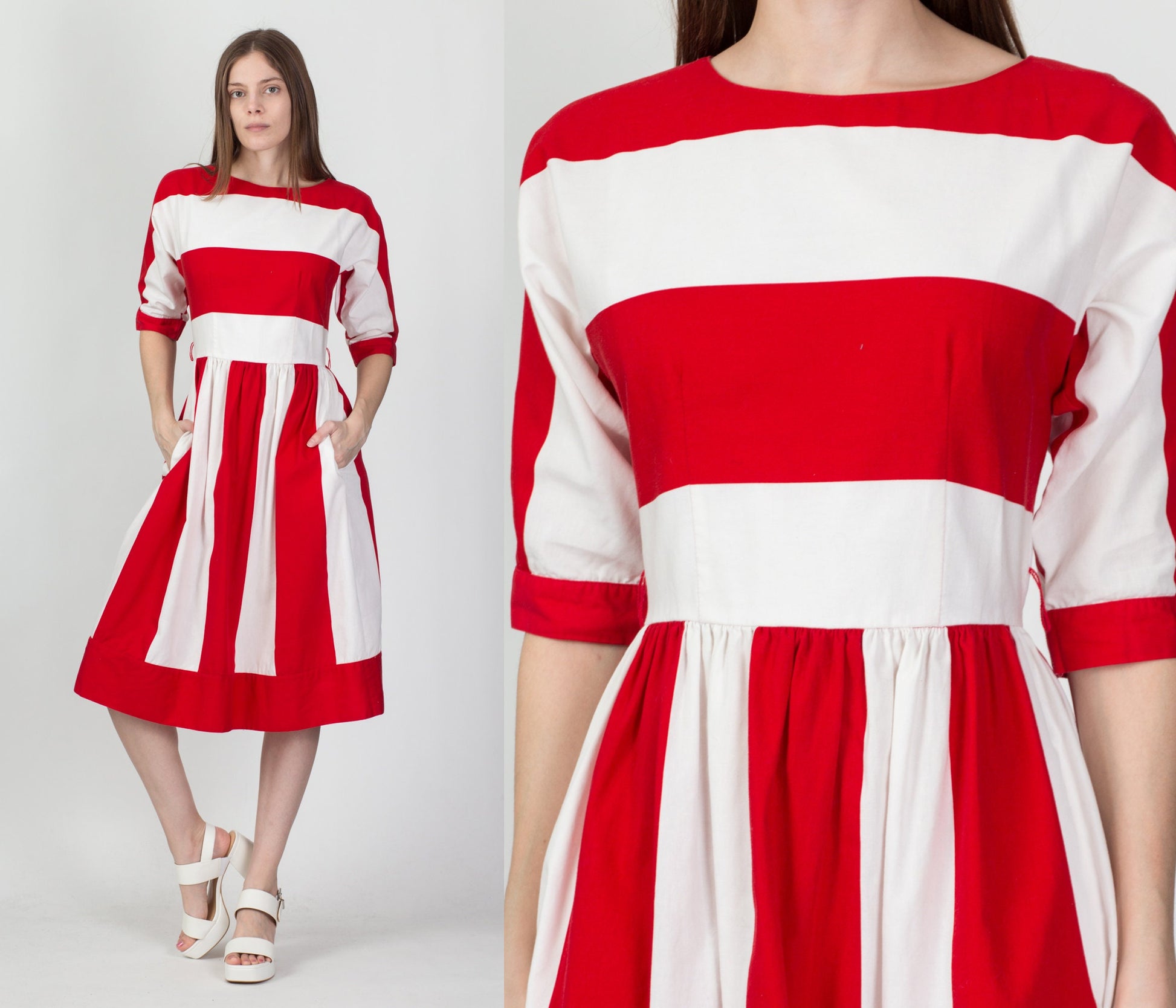 70s Lanz Red & White Striped Midi Dress - Small 