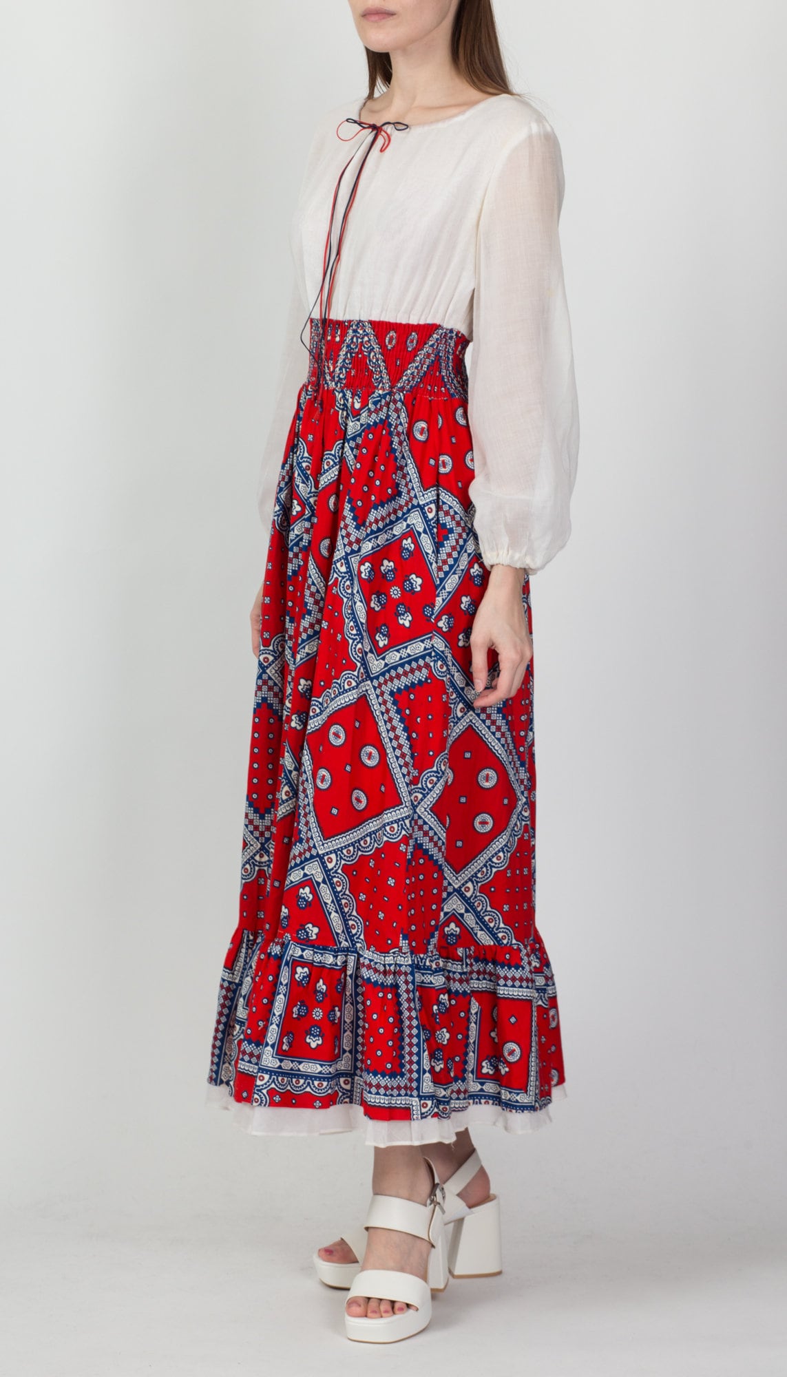 60s 70s Bandana Print Prairie Maxi Dress - Medium 