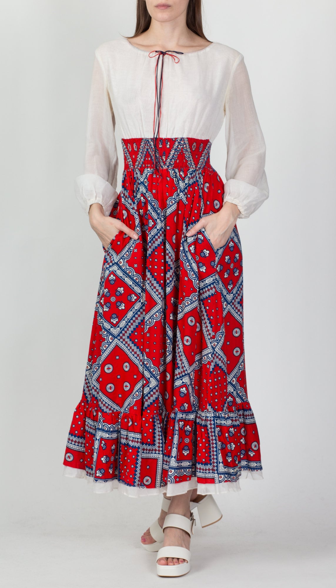 60s 70s Bandana Print Prairie Maxi Dress - Medium 