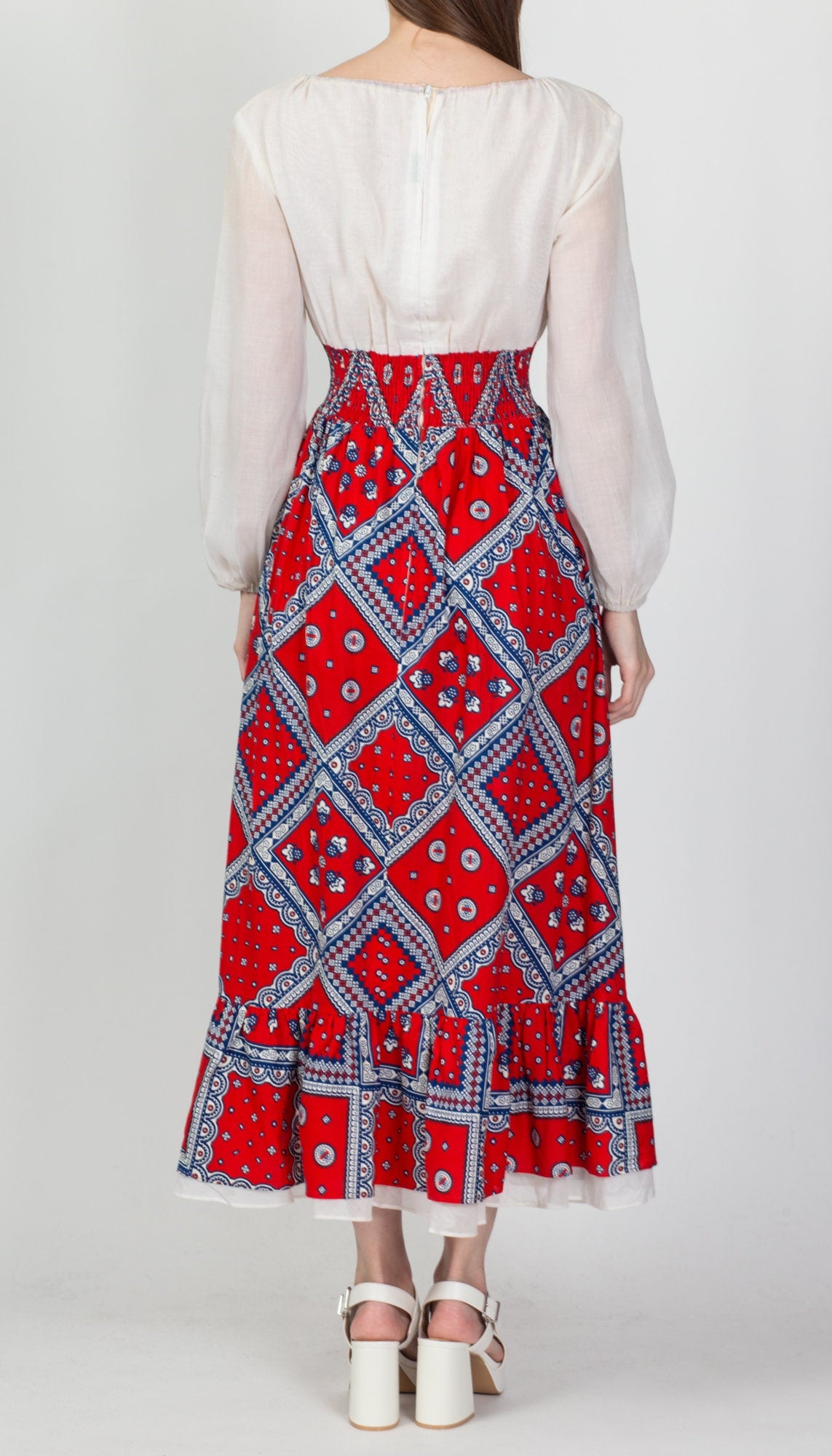 60s 70s Bandana Print Prairie Maxi Dress - Medium 