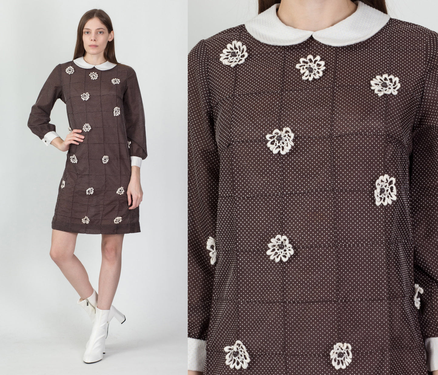 60s Vicky Vaughn Crochet Floral Swiss Dot Mini Dress - Small 