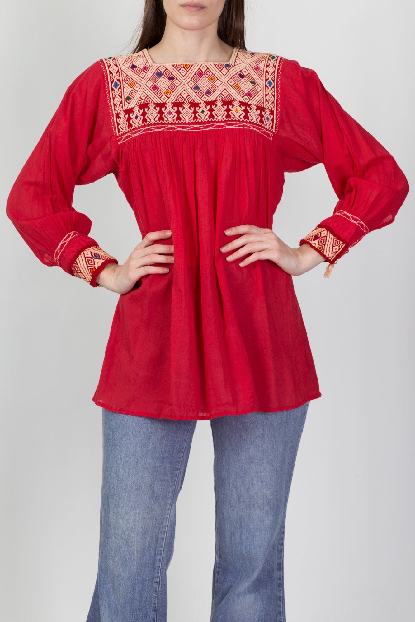 70s Embroidered Balkan Folk Blouse - Small to Medium 