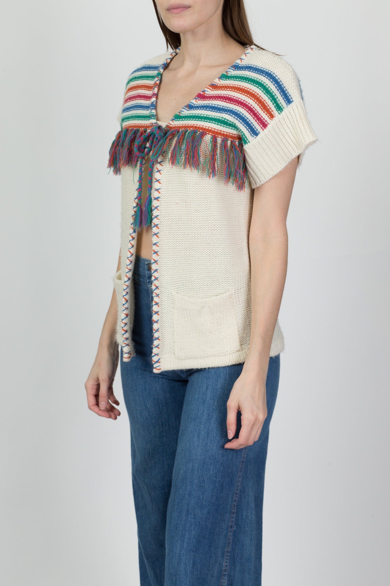 70s Striped Fringe Knit Top - Small 
