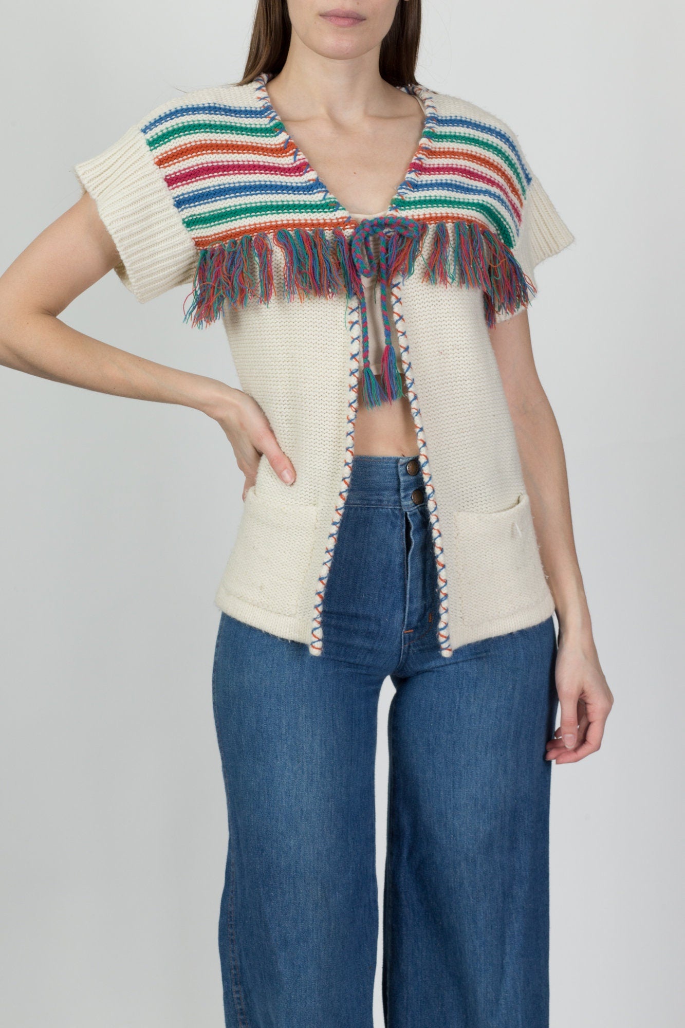 70s Striped Fringe Knit Top - Small 